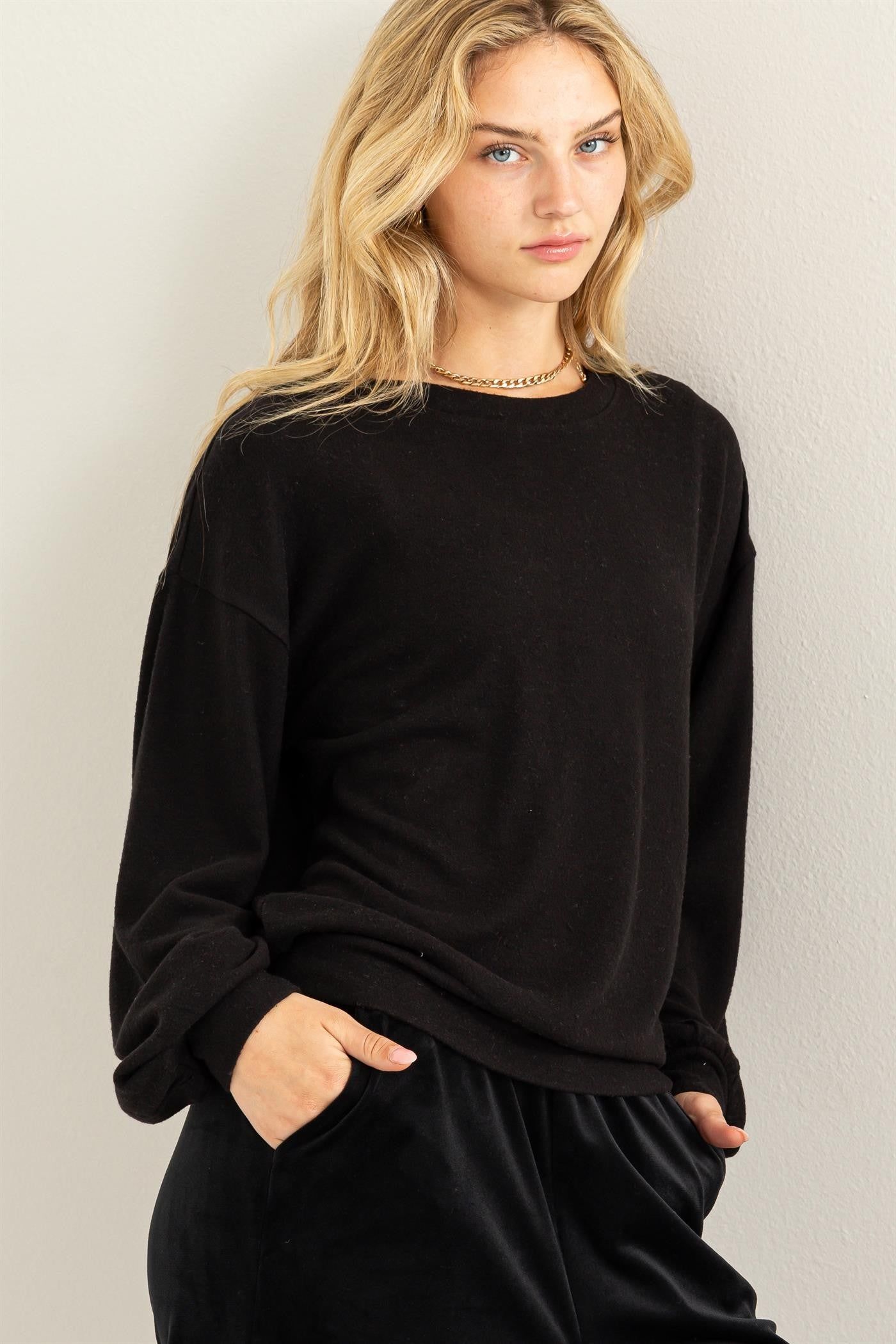 Black Soft Knit Pullover Top sold by Pinkblush