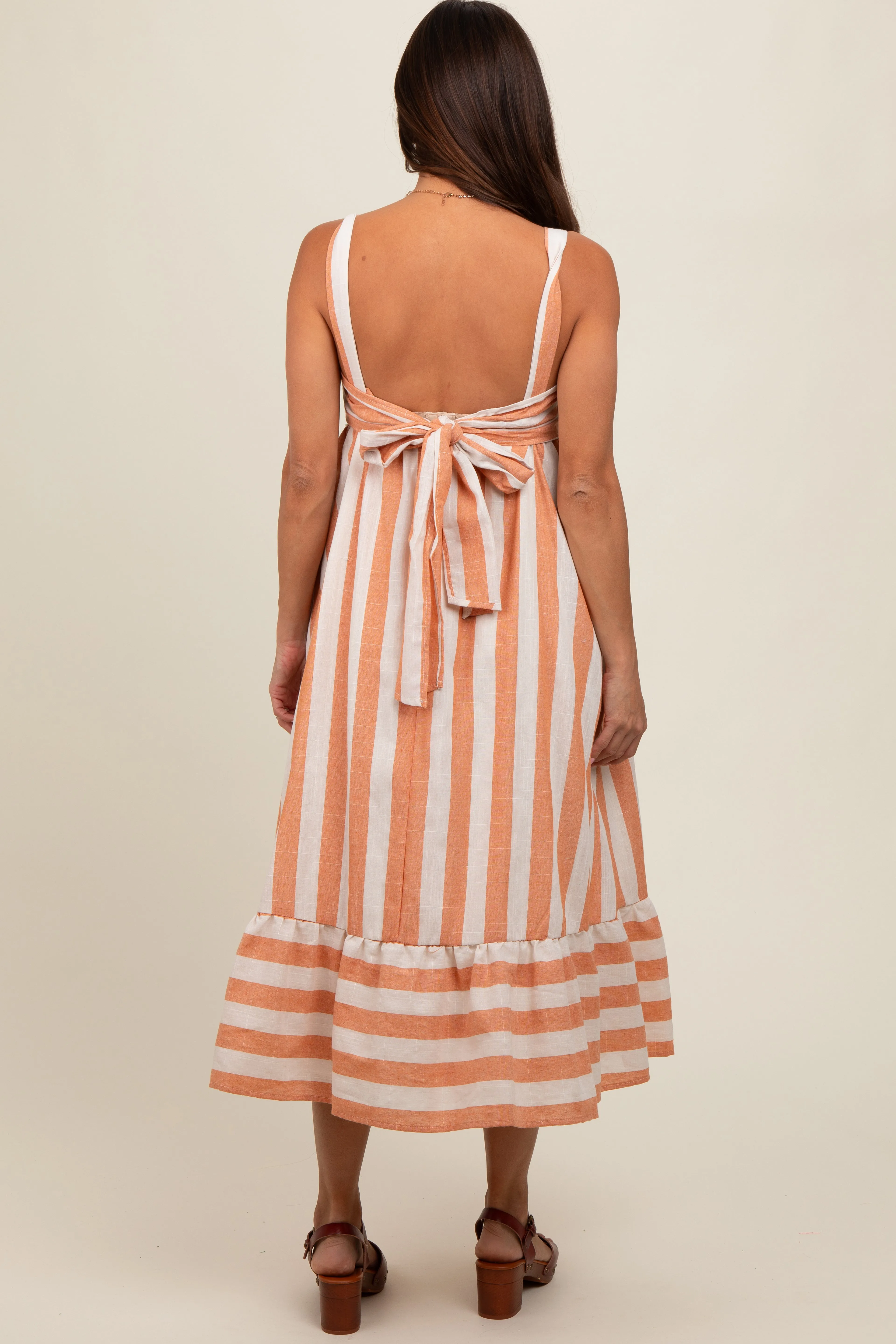Orange Linen Striped Tie Back Maternity Midi Dress sold by Pinkblush product image thumbnail 4