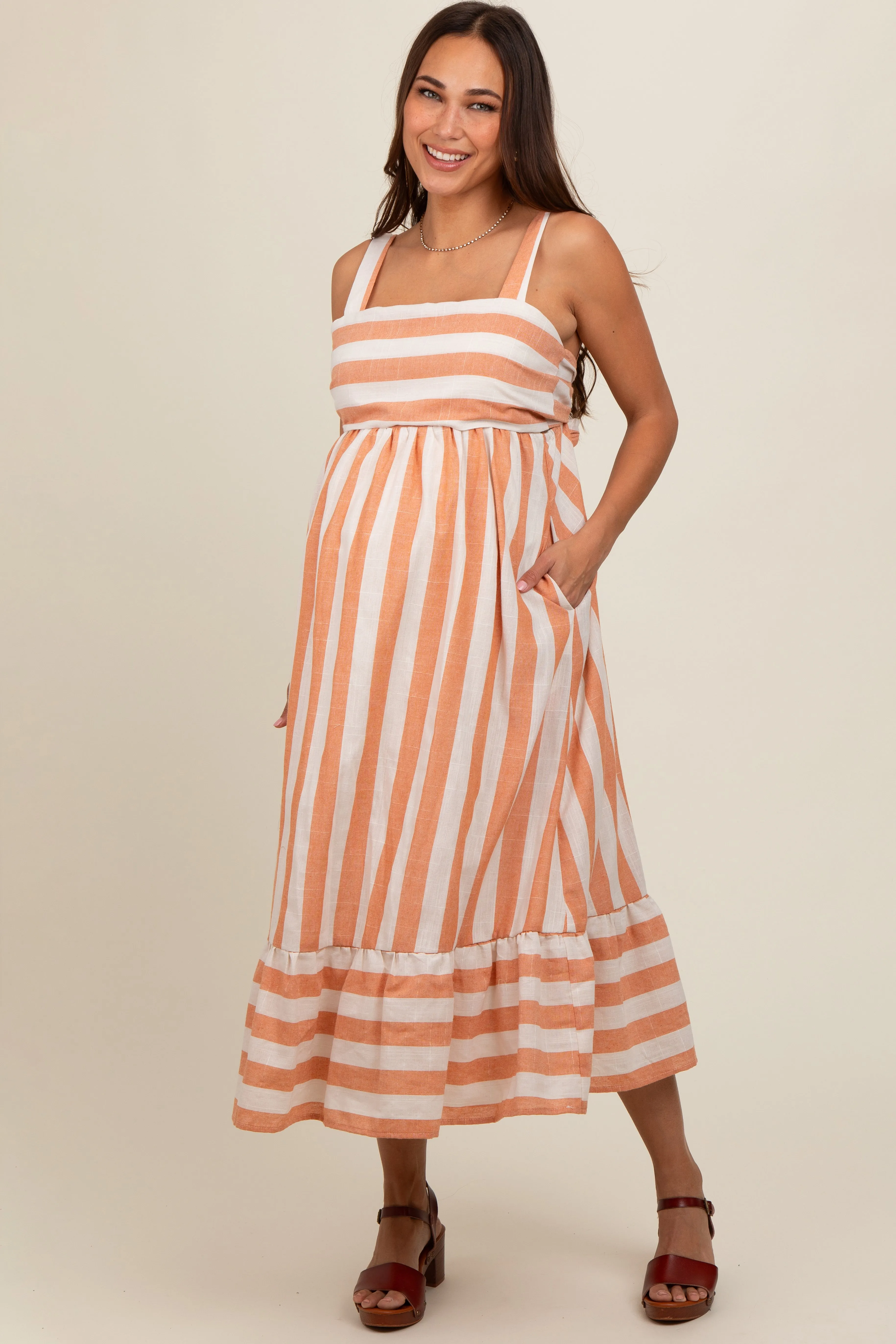 Orange Linen Striped Tie Back Maternity Midi Dress sold by Pinkblush