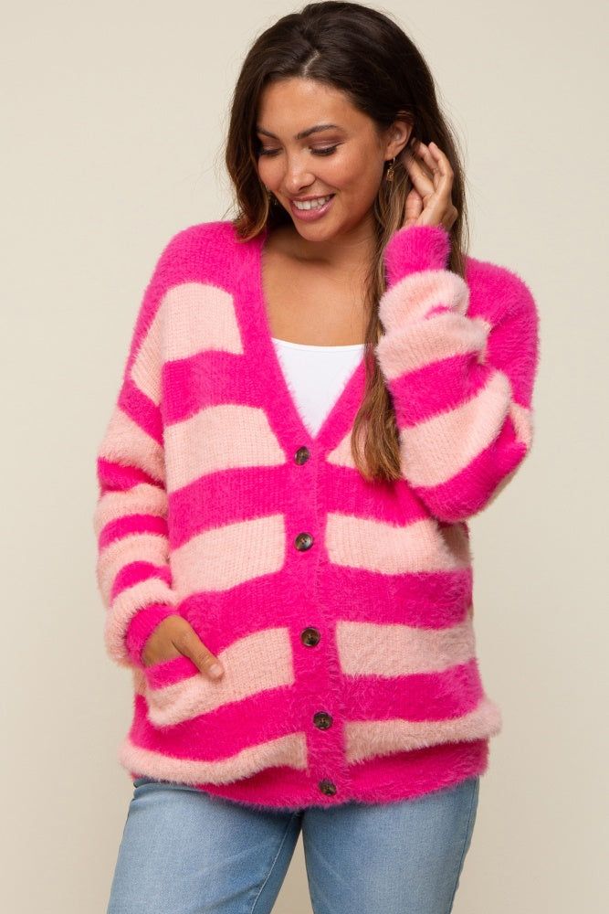 Pink Striped Fuzzy Maternity Cardigan sold by Pinkblush
