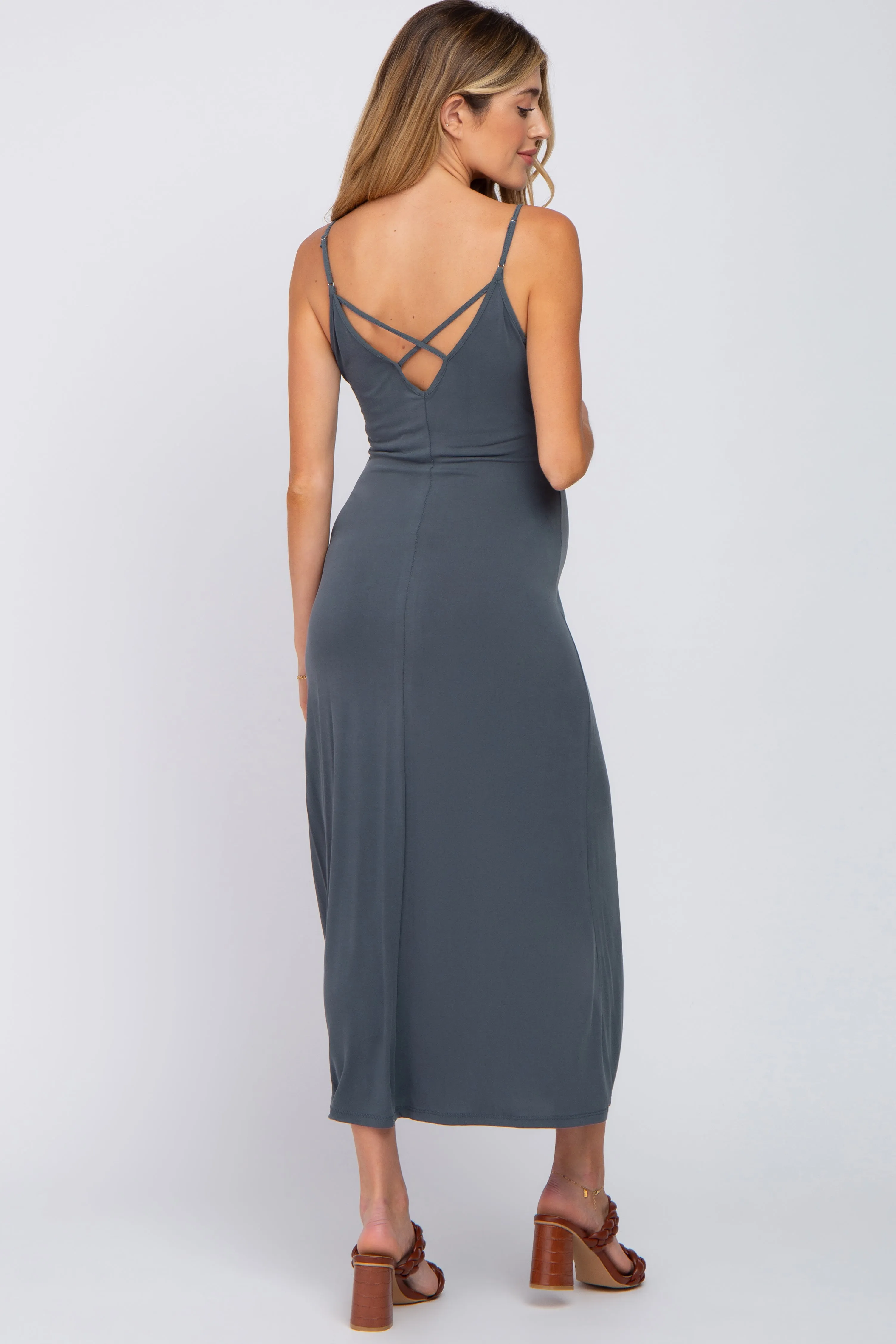 Charcoal V-Neck Criss Cross Back Side Slit Maternity Midi Dress sold by Pinkblush product image thumbnail 3