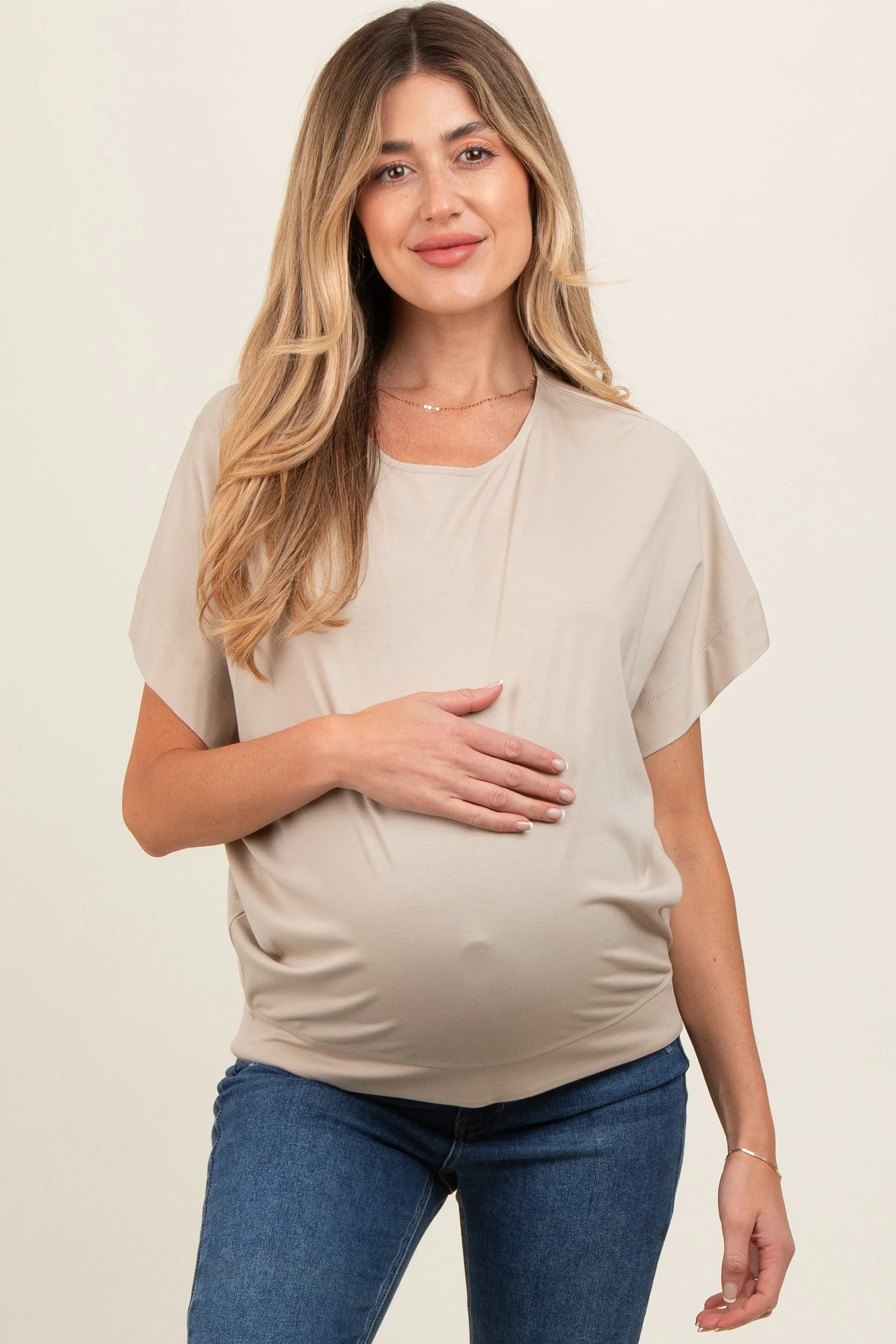 Beige Round Neck Dolman Sleeve Maternity Top sold by Pinkblush