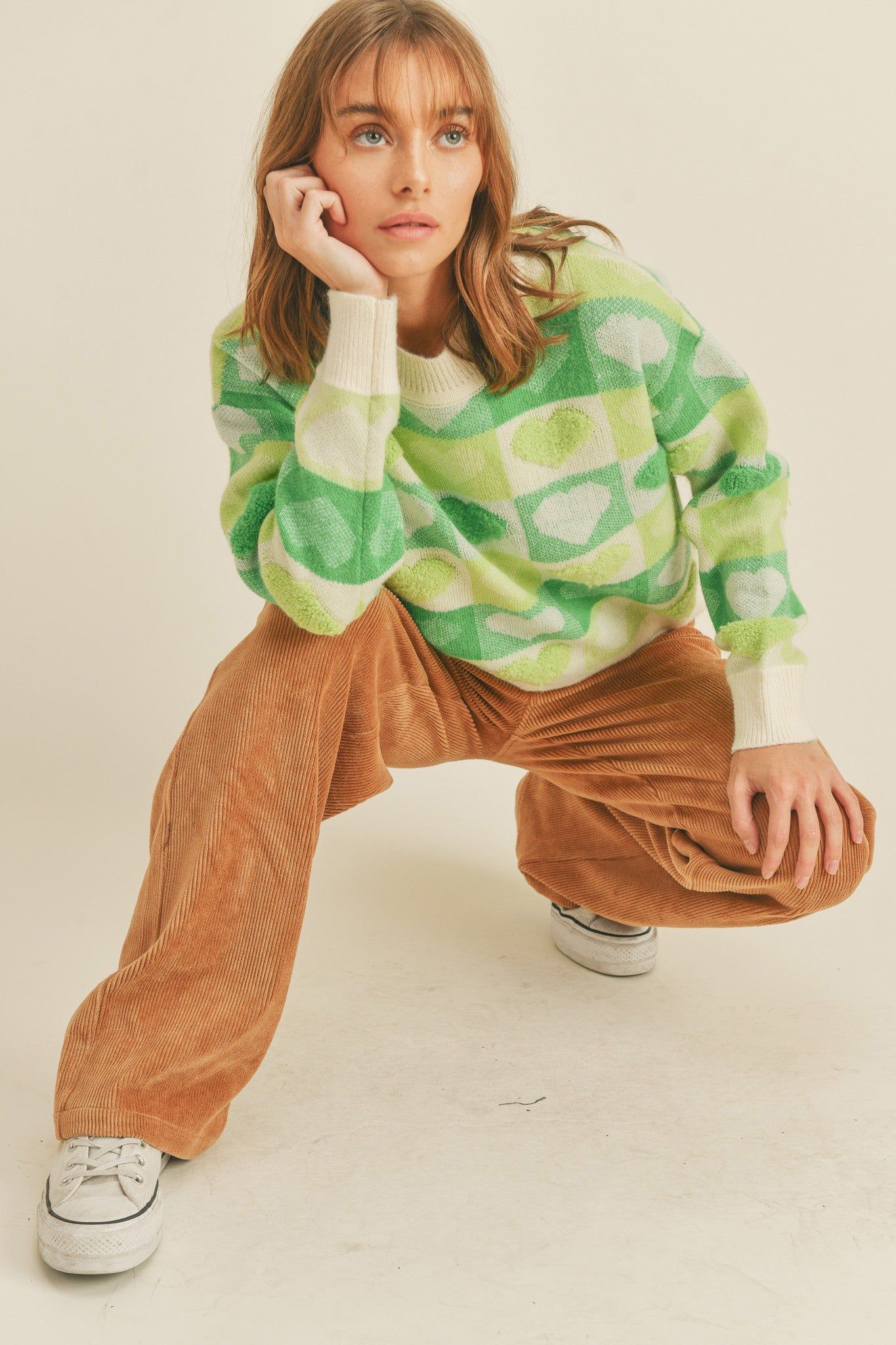 Green Multi Checkered Heart Knit Pullover Sweater sold by Pinkblush