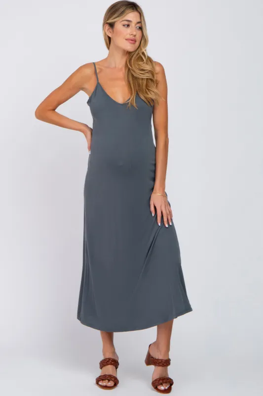 Charcoal V-Neck Criss Cross Back Side Slit Maternity Midi Dress sold by Pinkblush
