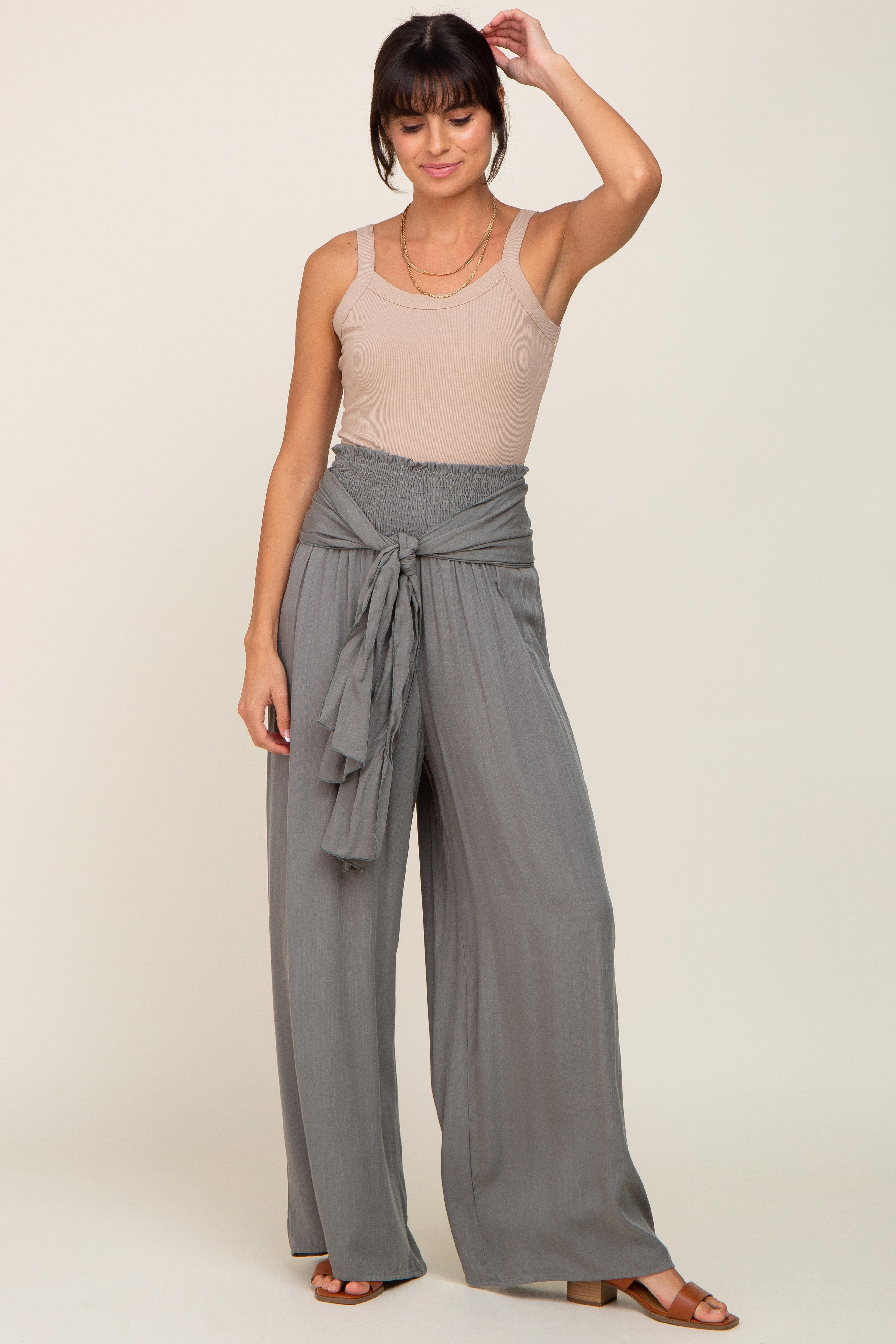 Olive High Waist Tie Front Wide Pants sold by Pinkblush