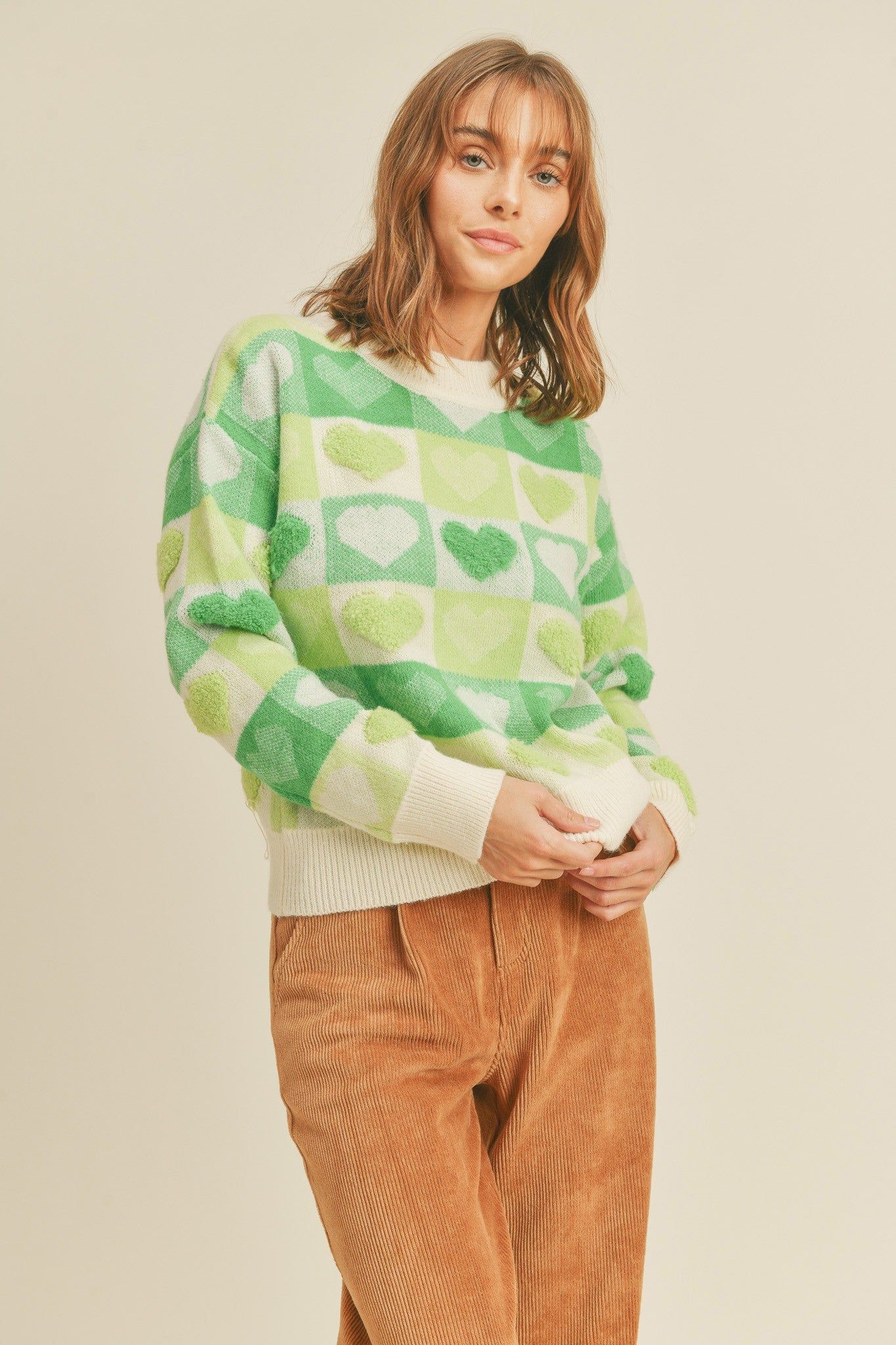 Green Multi Checkered Heart Knit Pullover Sweater sold by Pinkblush product image thumbnail 2