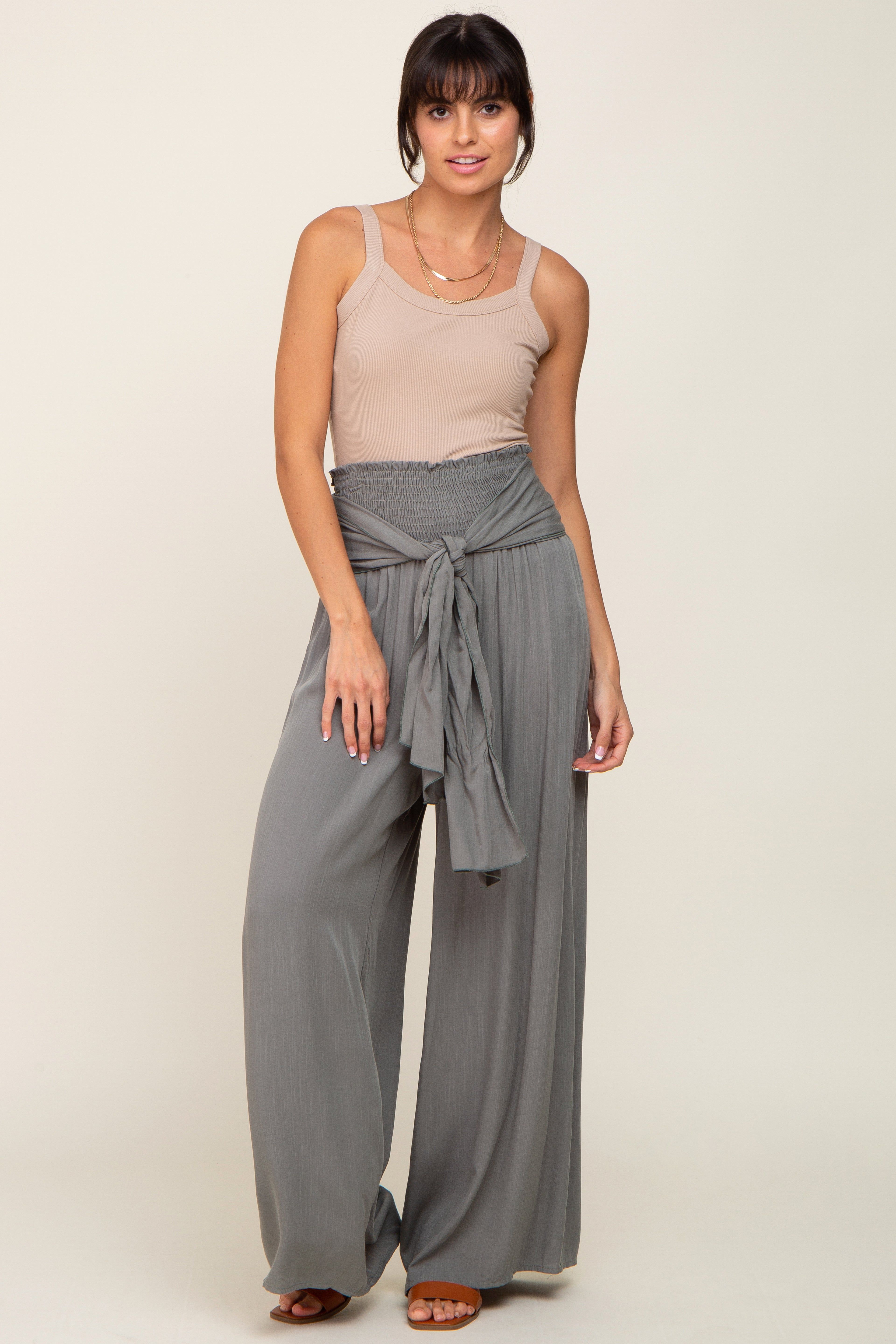 Olive High Waist Tie Front Wide Pants sold by Pinkblush product image thumbnail 5
