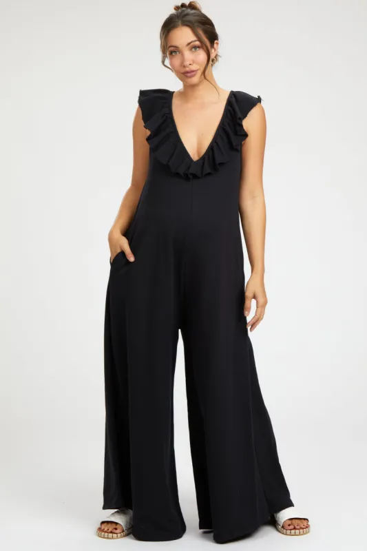 Black Ruffle Accent Wide Leg Maternity Jumpsuit sold by Pinkblush