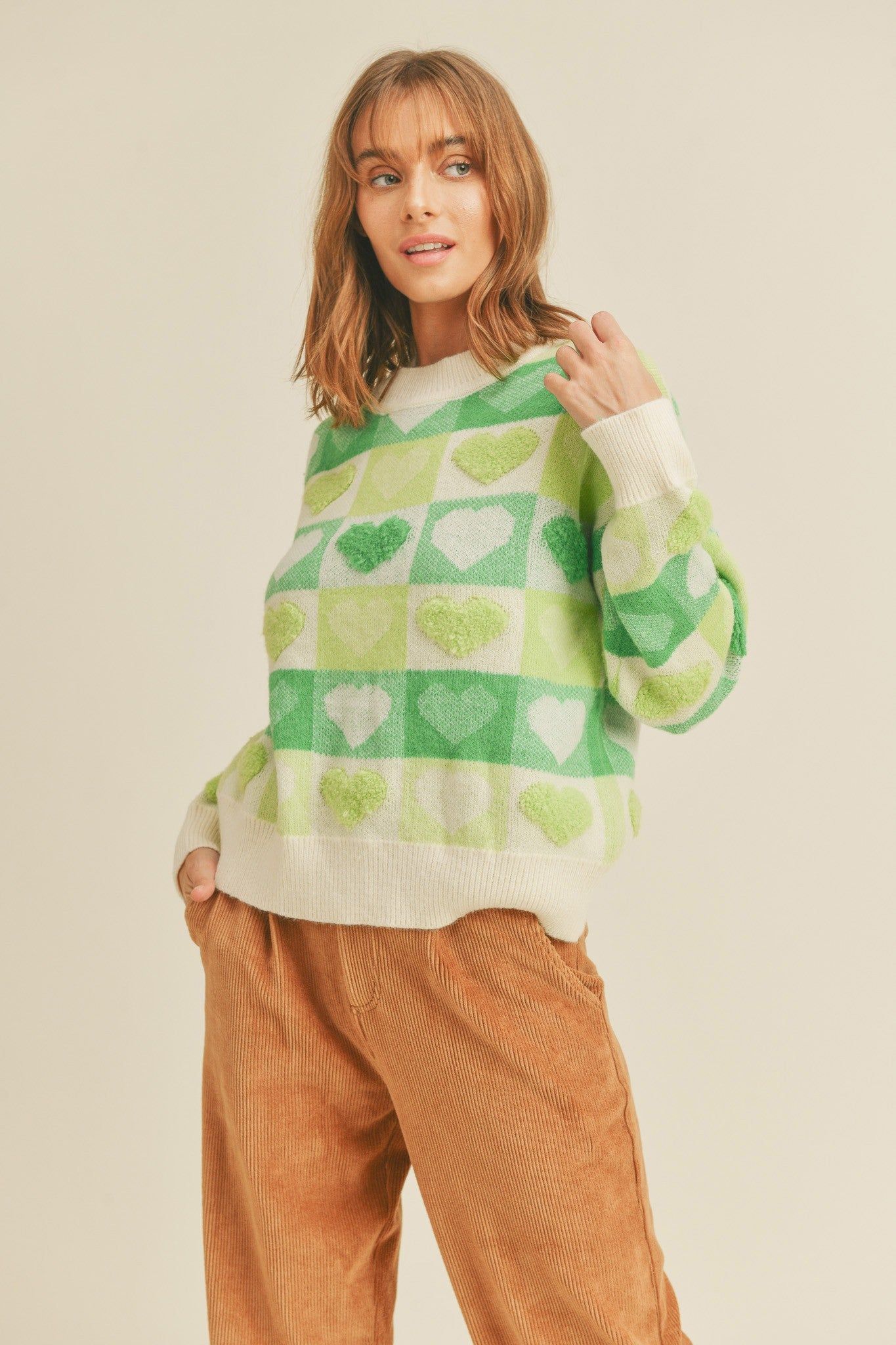 Green Multi Checkered Heart Knit Pullover Sweater sold by Pinkblush product image thumbnail 3