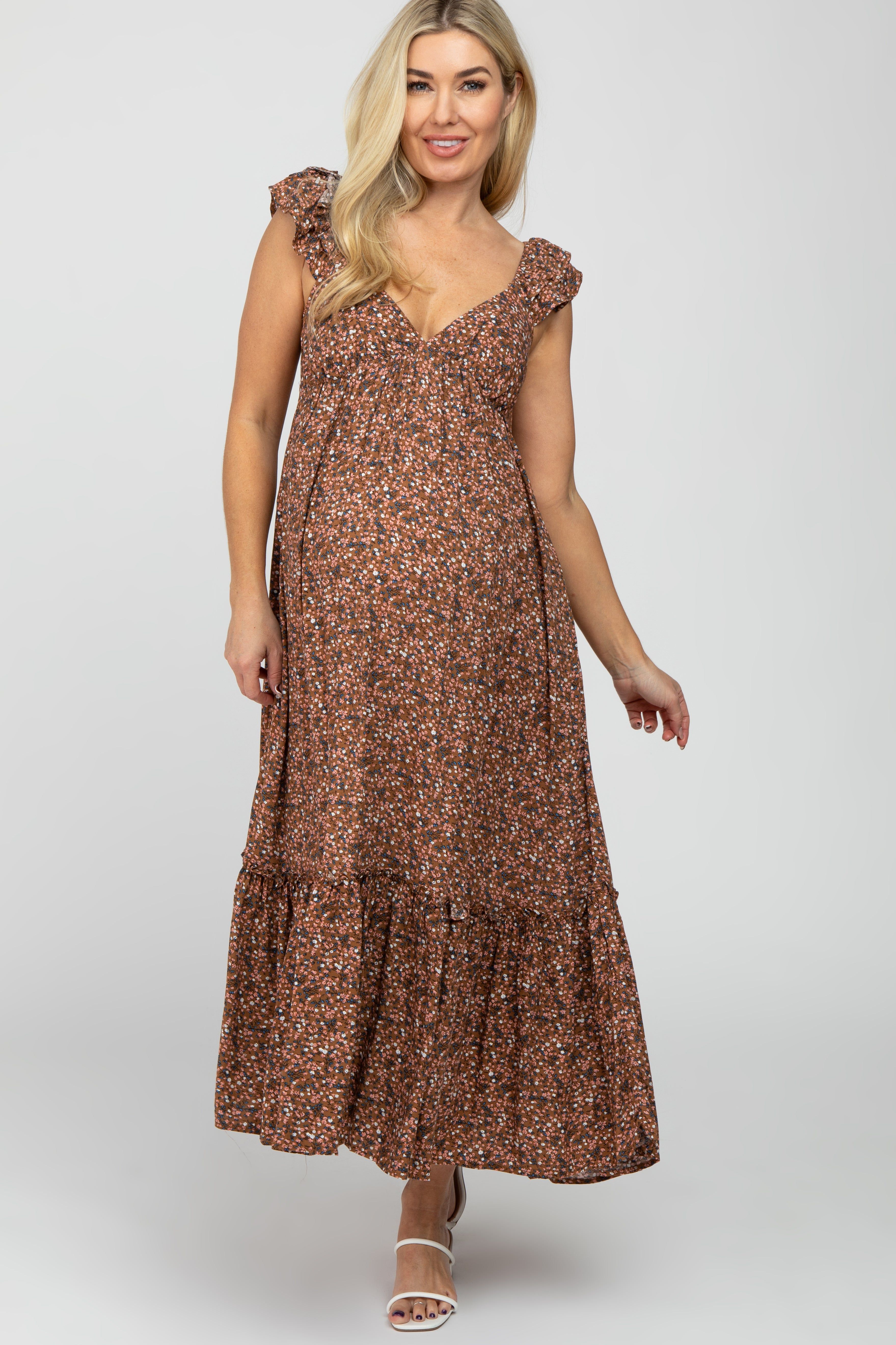 Brown Floral Ruffle Accent Maternity Midi Dress sold by Pinkblush product image thumbnail 2