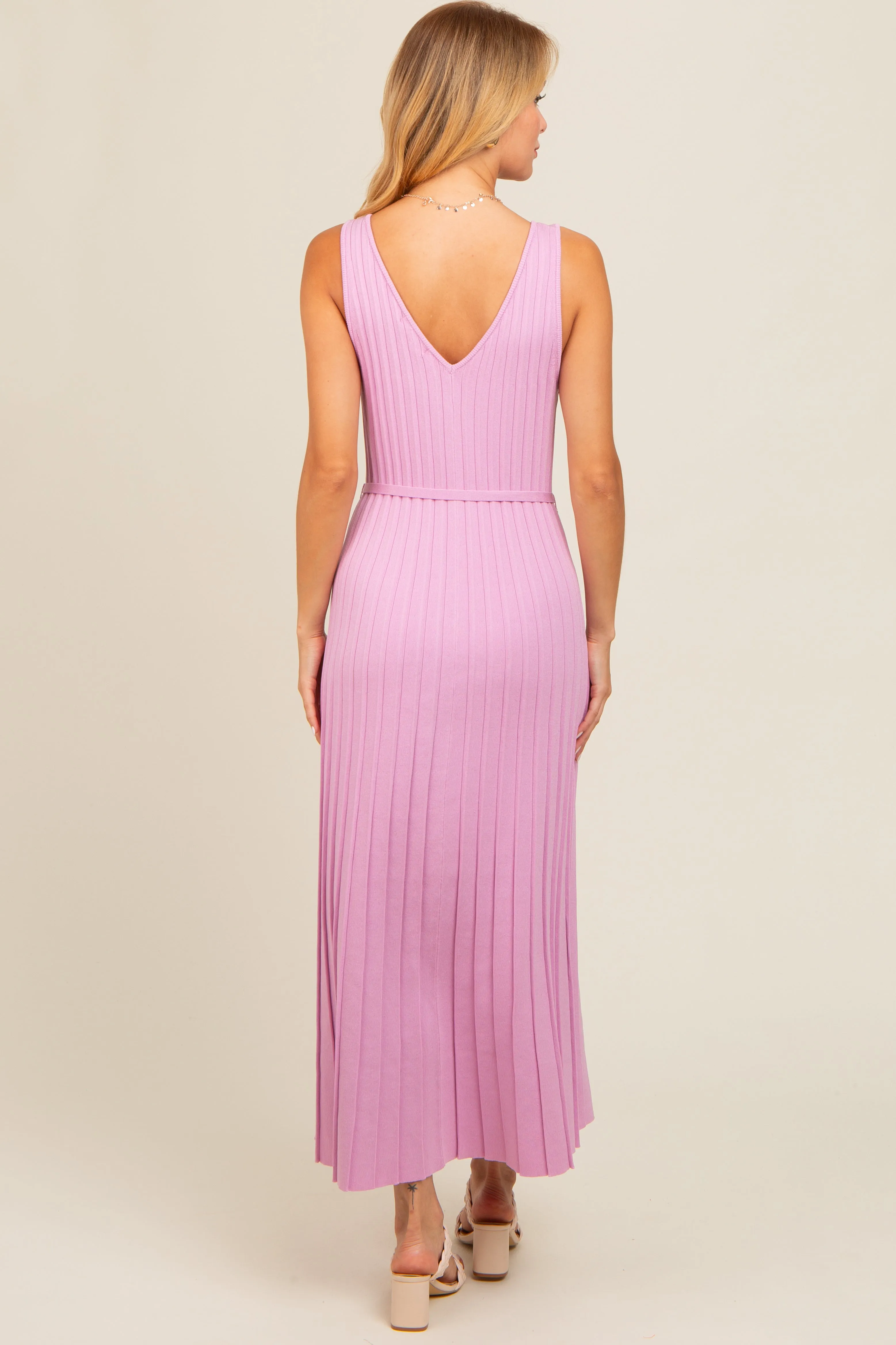 Pink Pleated V-Neck Waist Tie Sweater Maxi Dress sold by Pinkblush product image thumbnail 2
