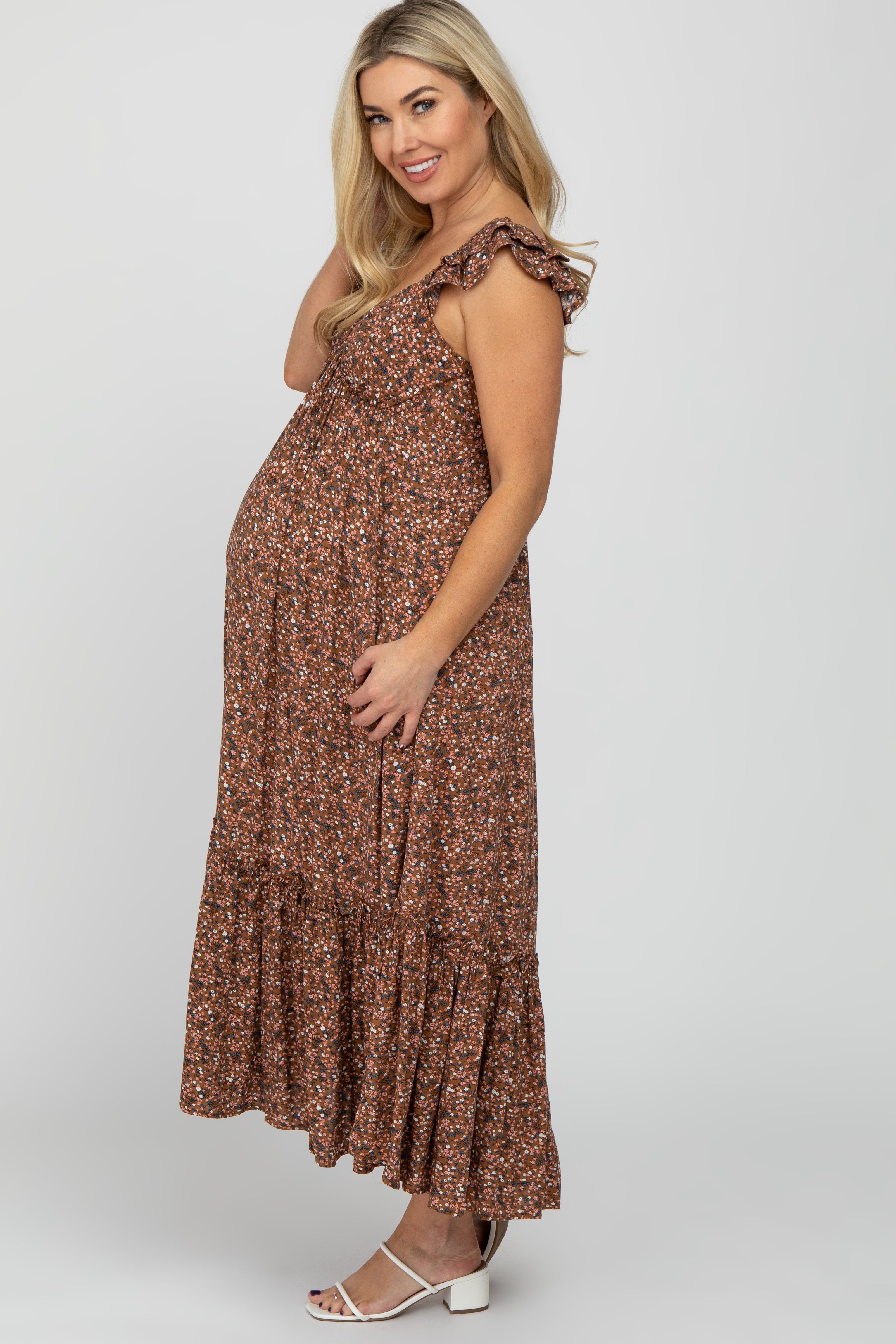 Brown Floral Ruffle Accent Maternity Midi Dress sold by Pinkblush product image thumbnail 3