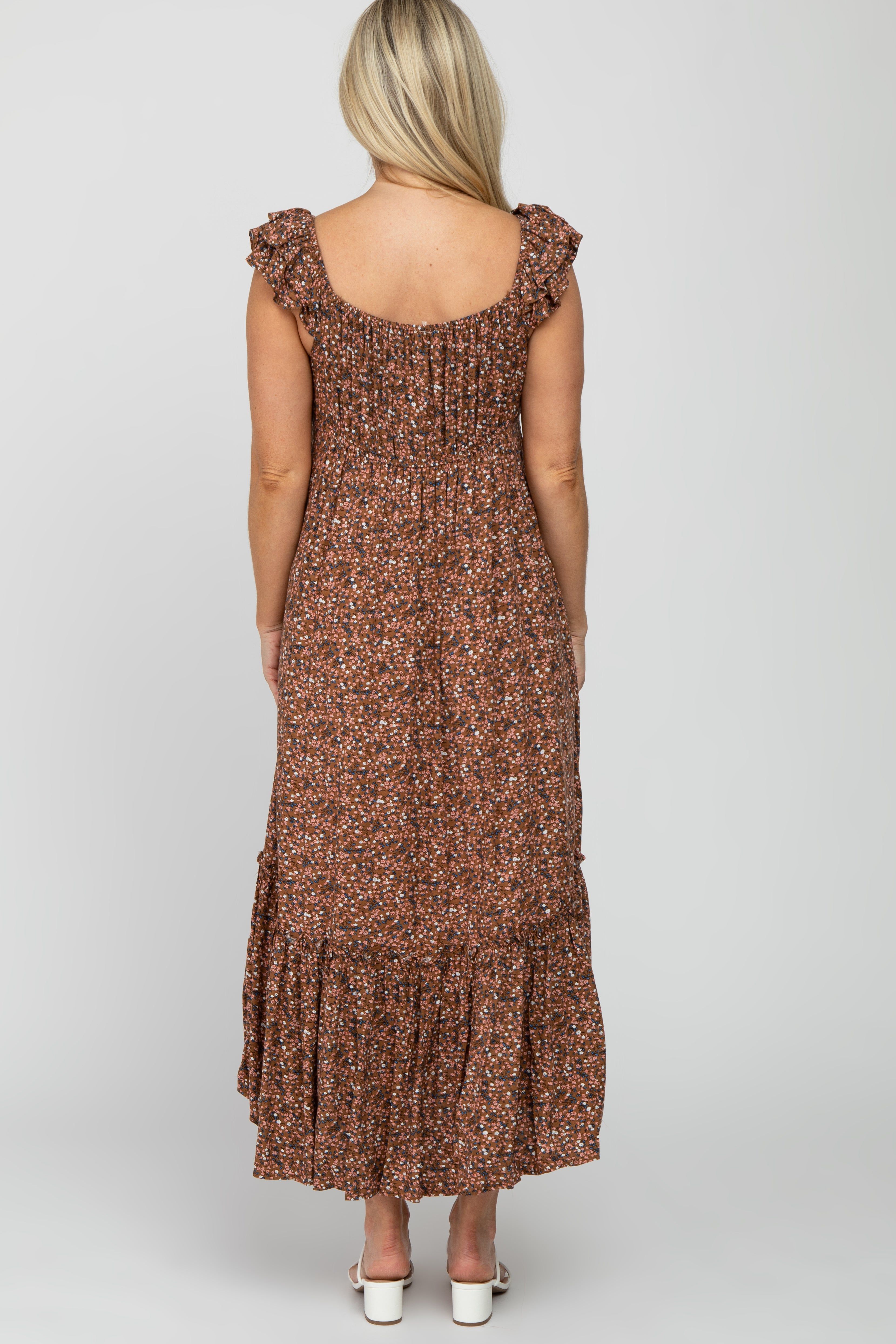 Brown Floral Ruffle Accent Maternity Midi Dress sold by Pinkblush product image thumbnail 4