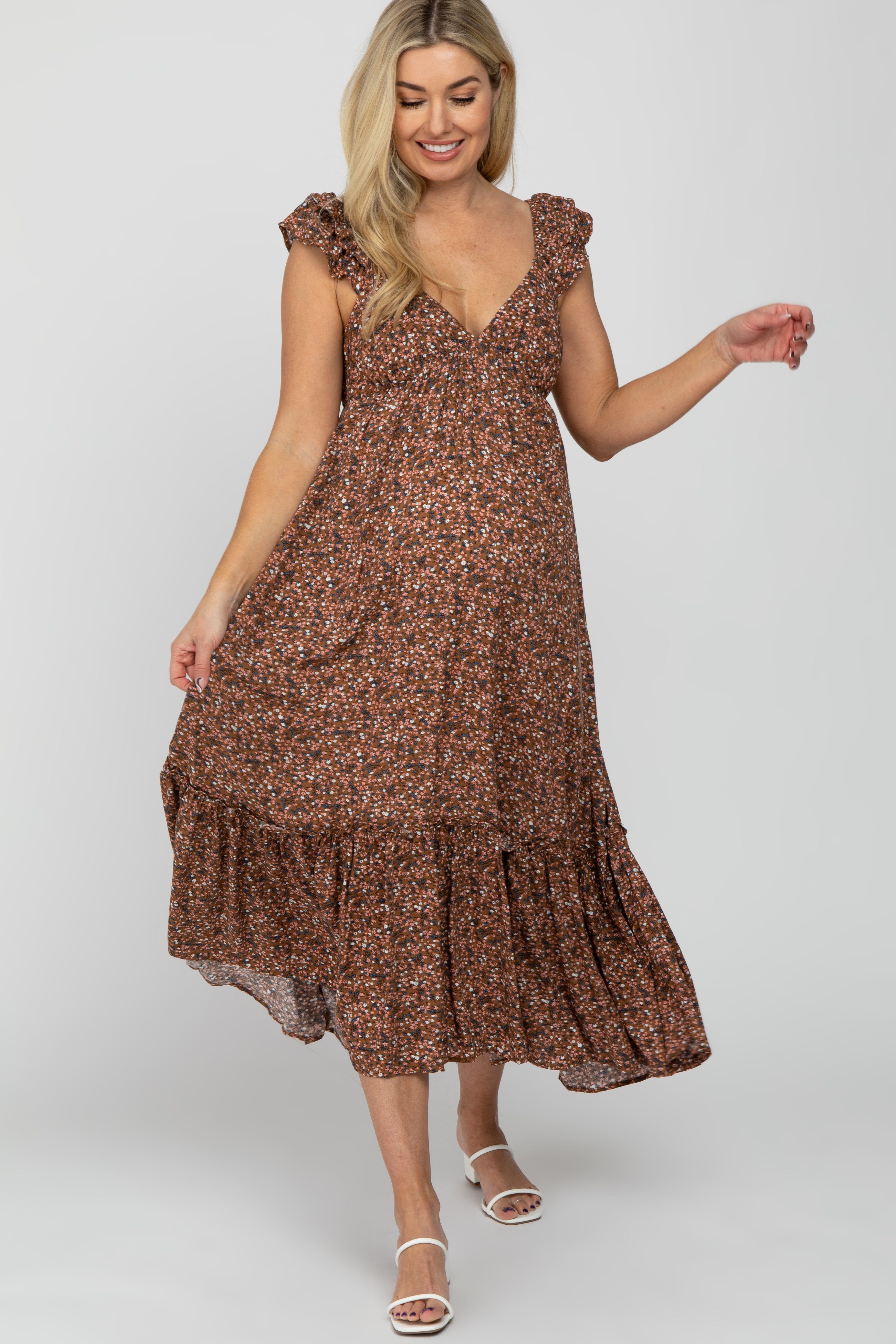 Brown Floral Ruffle Accent Maternity Midi Dress sold by Pinkblush