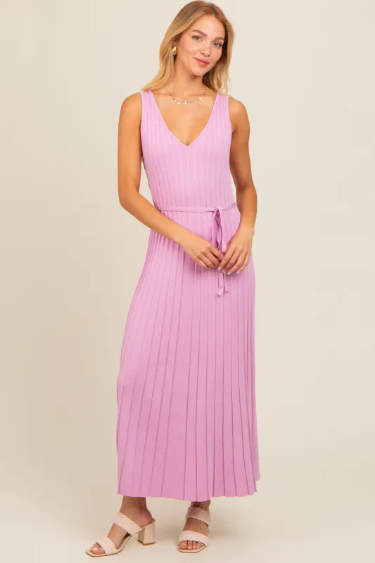 Pink Pleated V-Neck Waist Tie Sweater Maxi Dress sold by Pinkblush