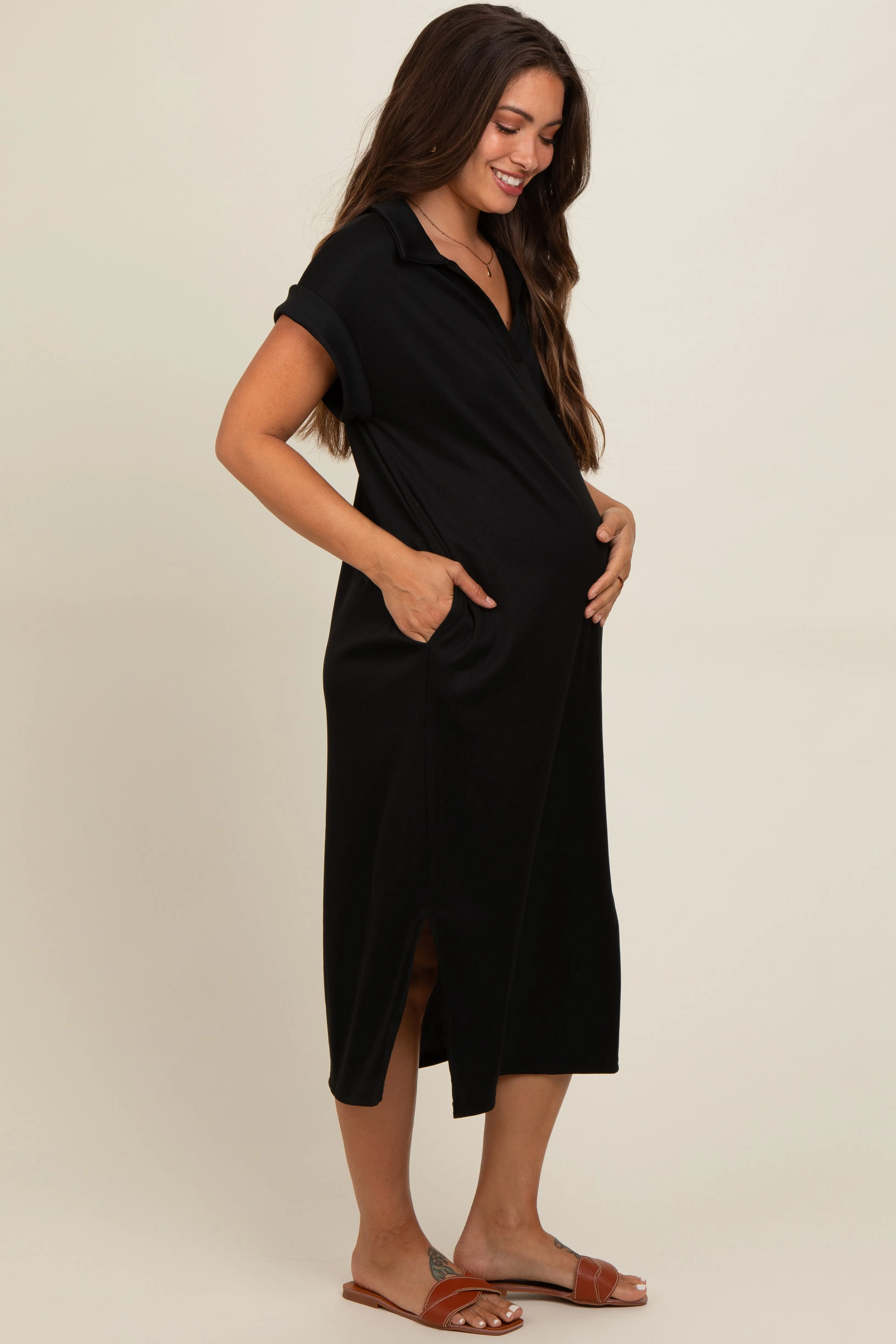 Black Collared Side Slit Maternity Midi Dress sold by Pinkblush product image thumbnail 3