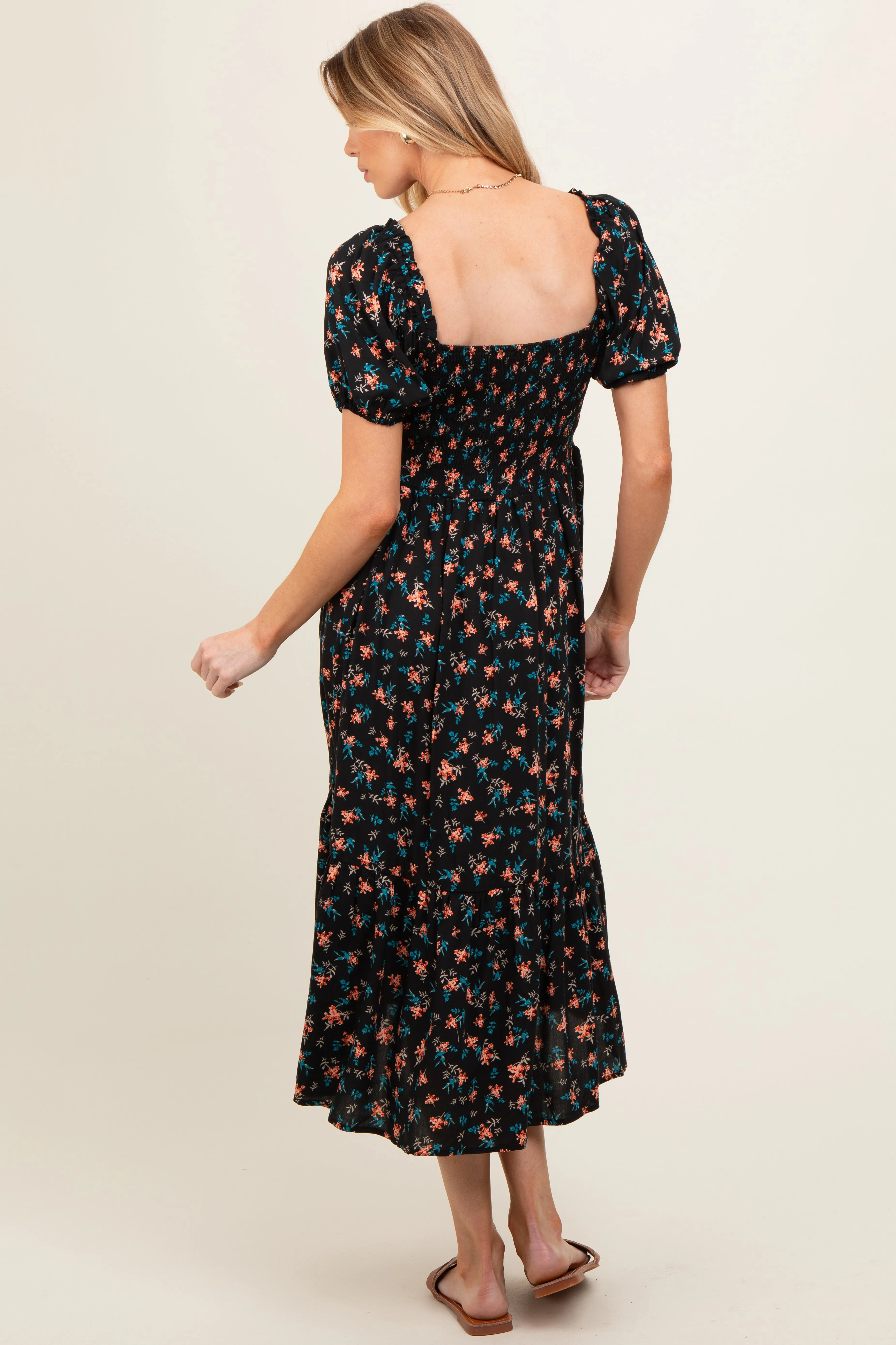 Black Floral Smocked Short Sleeve Maternity Midi Dress sold by Pinkblush product image thumbnail 4