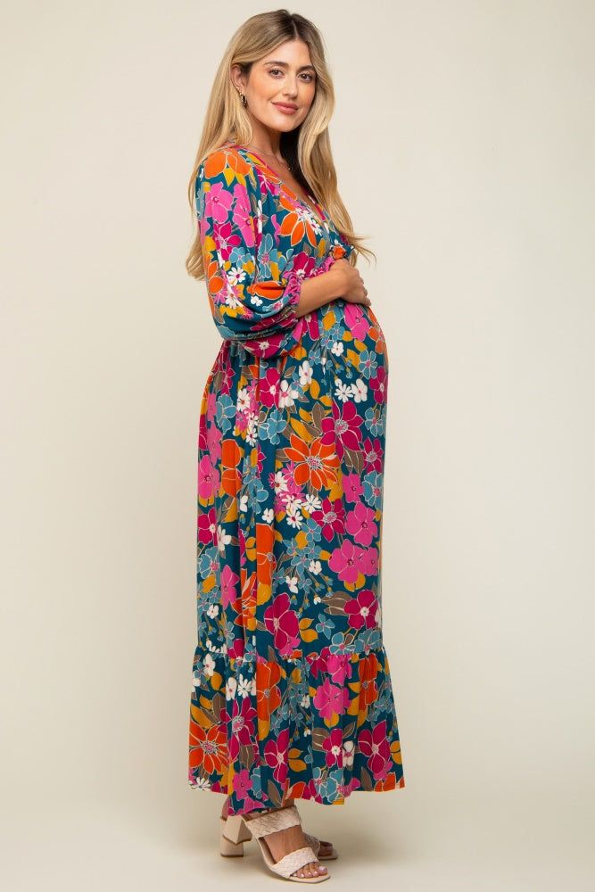 Teal Retro Floral V-Neck Ruffle Knit Maternity Maxi Dress sold by Pinkblush product image thumbnail 2