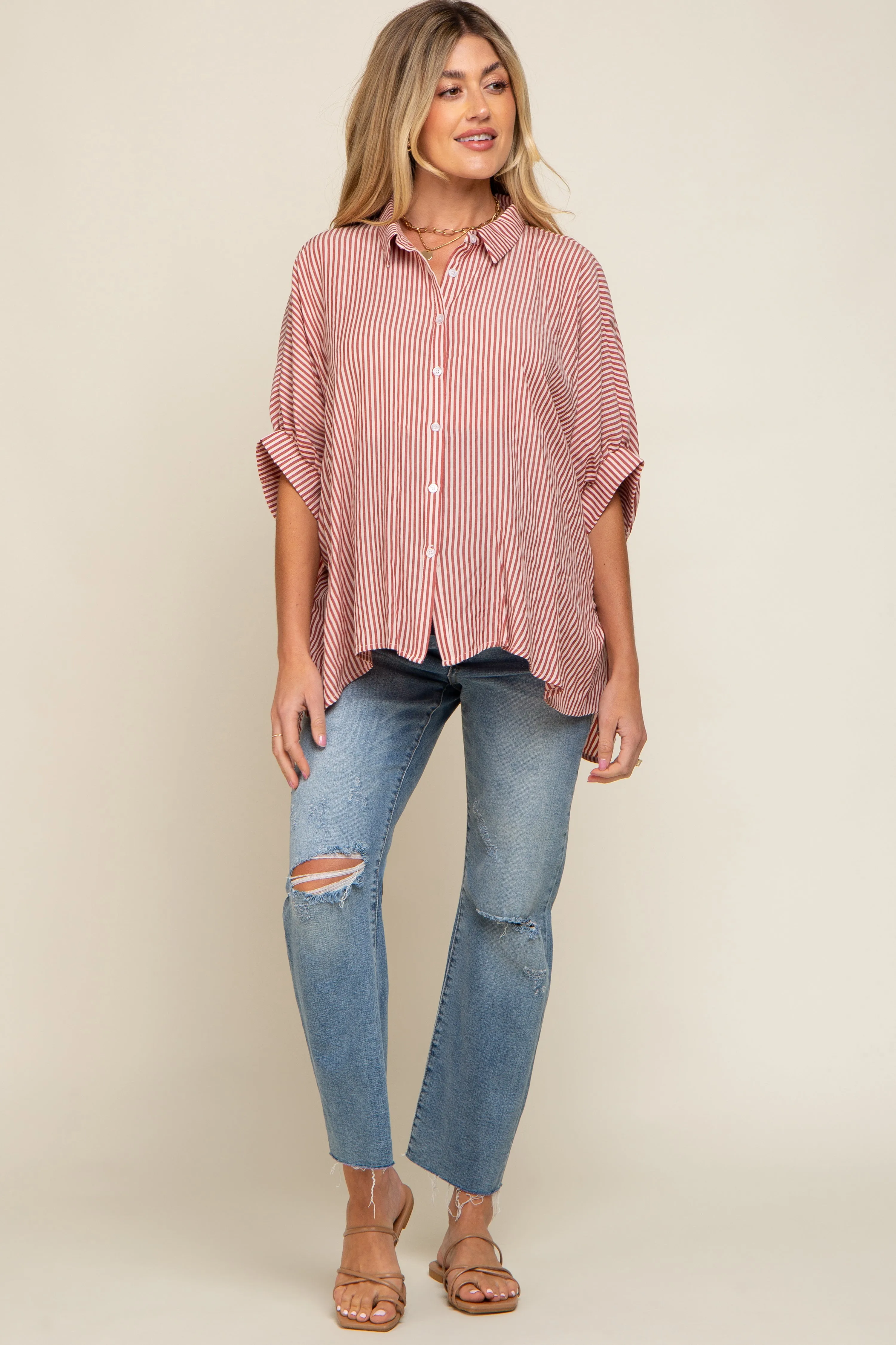 Red Striped Dolman Button Down Maternity Top sold by Pinkblush product image thumbnail 4