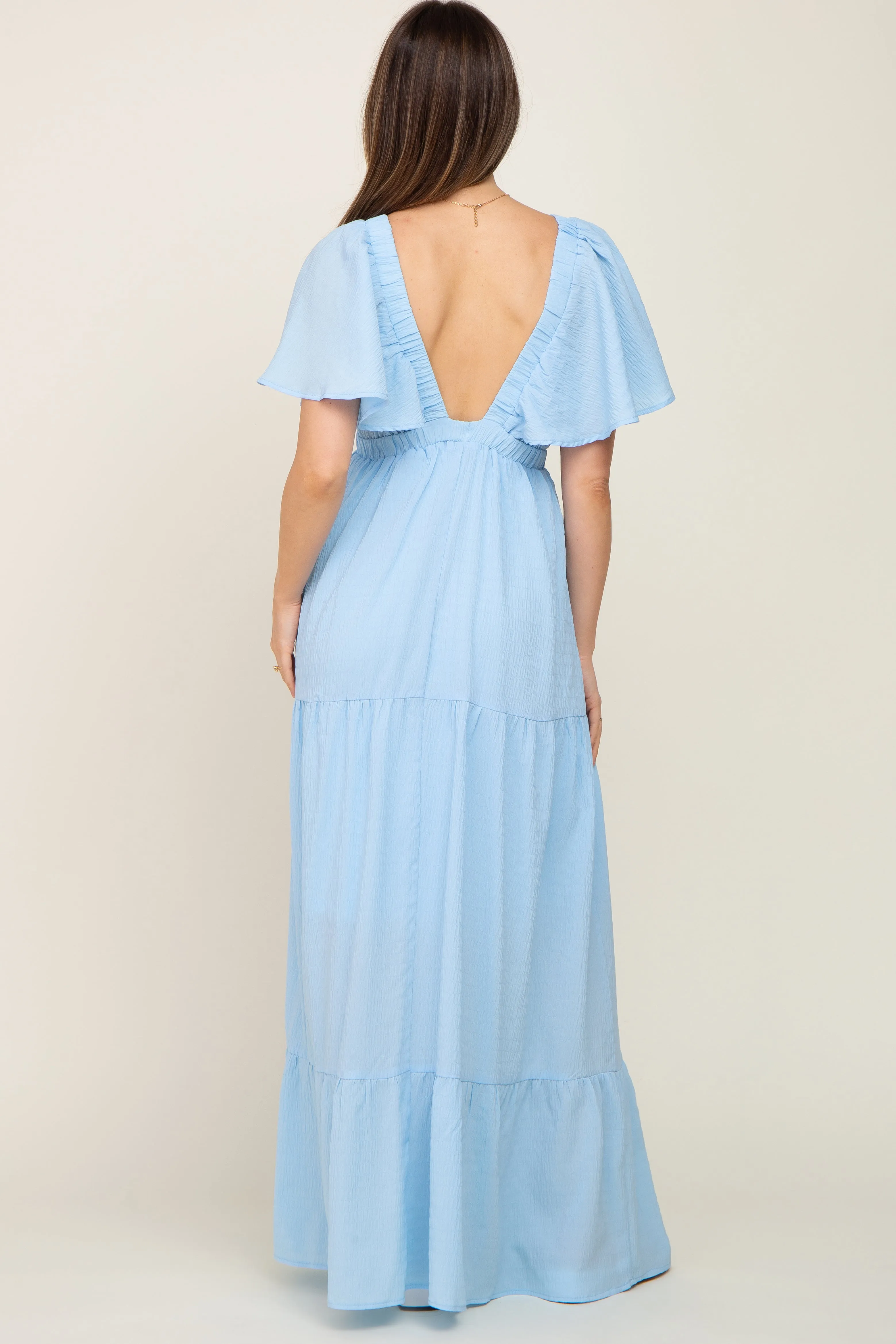 Light Blue Crepe Flounce Sleeve Tiered Maternity Maxi Dress sold by Pinkblush product image thumbnail 3