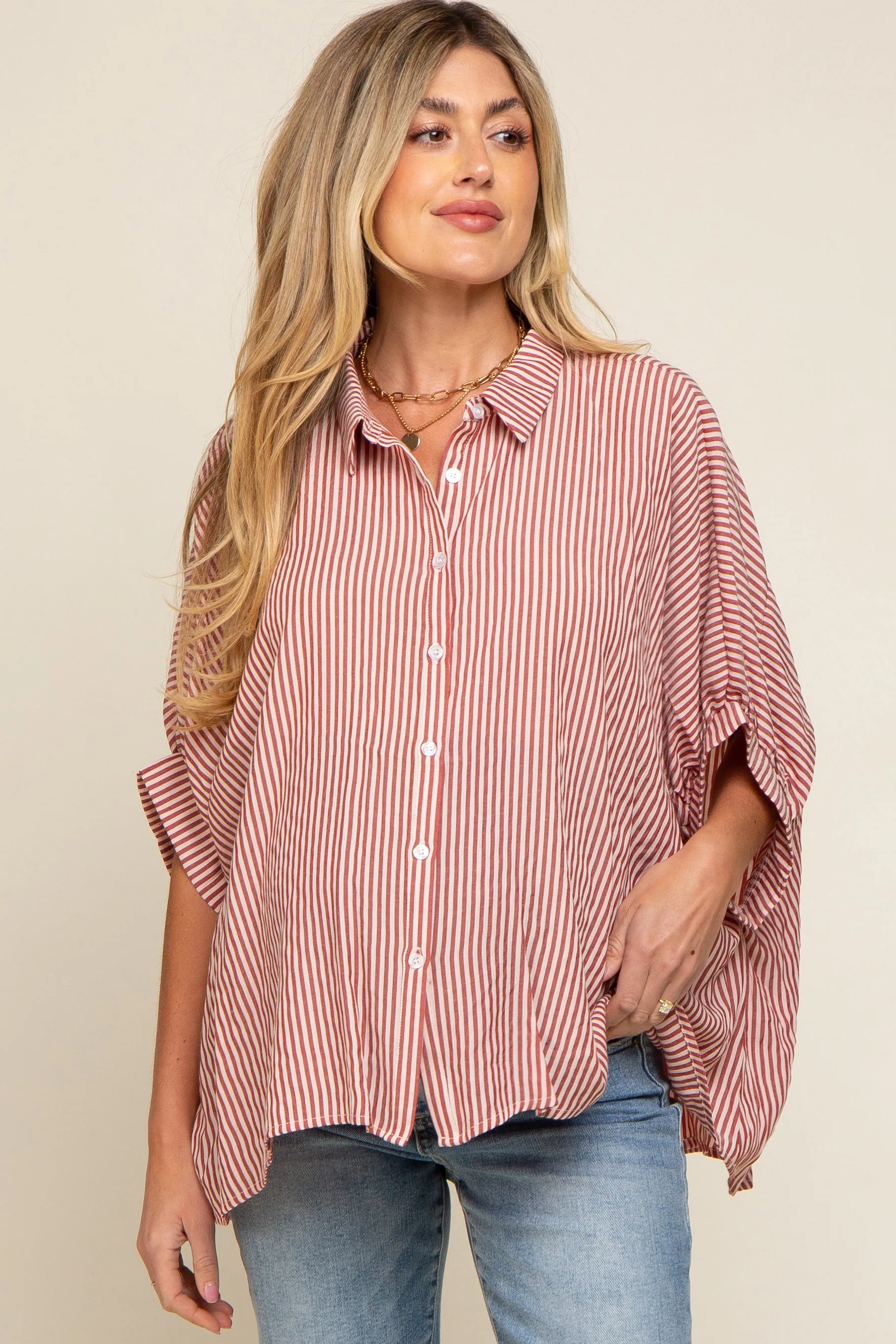 Red Striped Dolman Button Down Maternity Top sold by Pinkblush