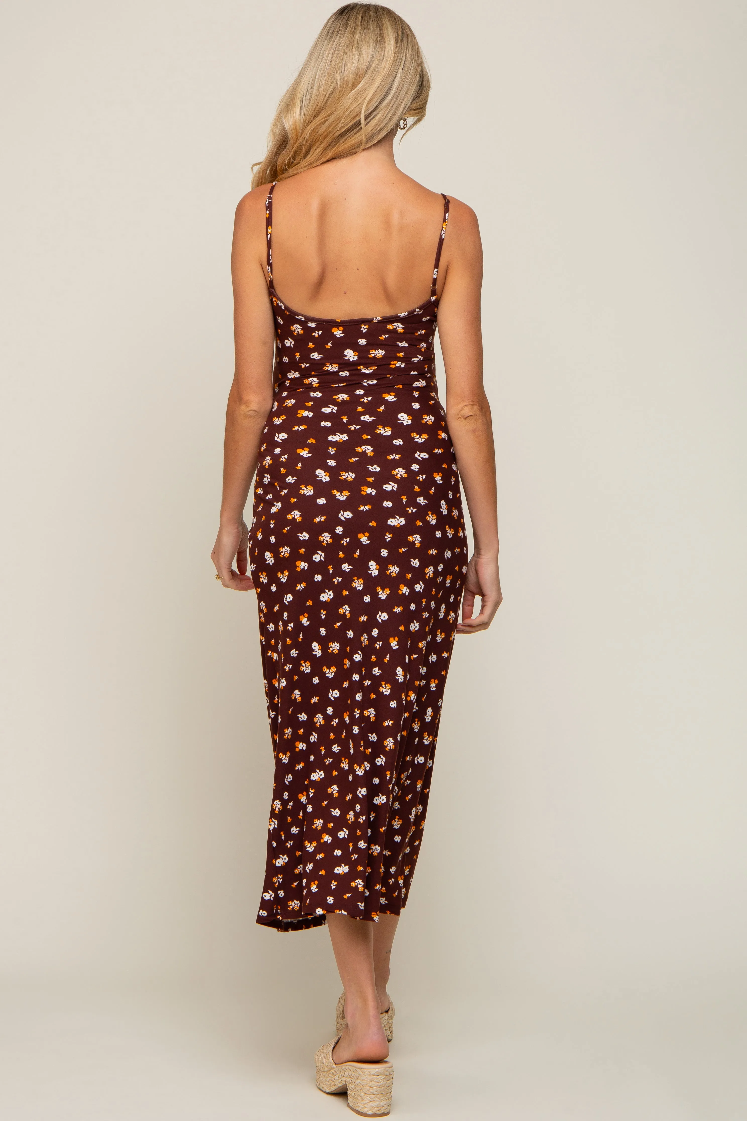 Brown Floral Sleeveless Maternity Midi Dress sold by Pinkblush product image thumbnail 4
