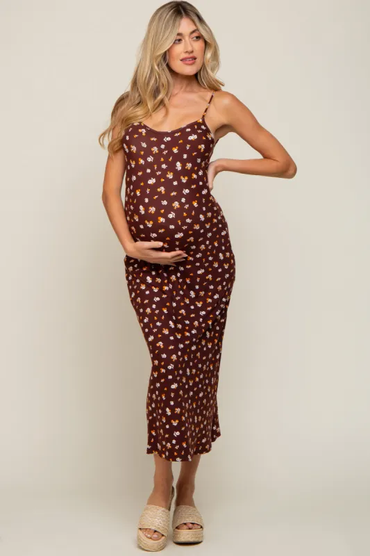Brown Floral Sleeveless Maternity Midi Dress sold by Pinkblush