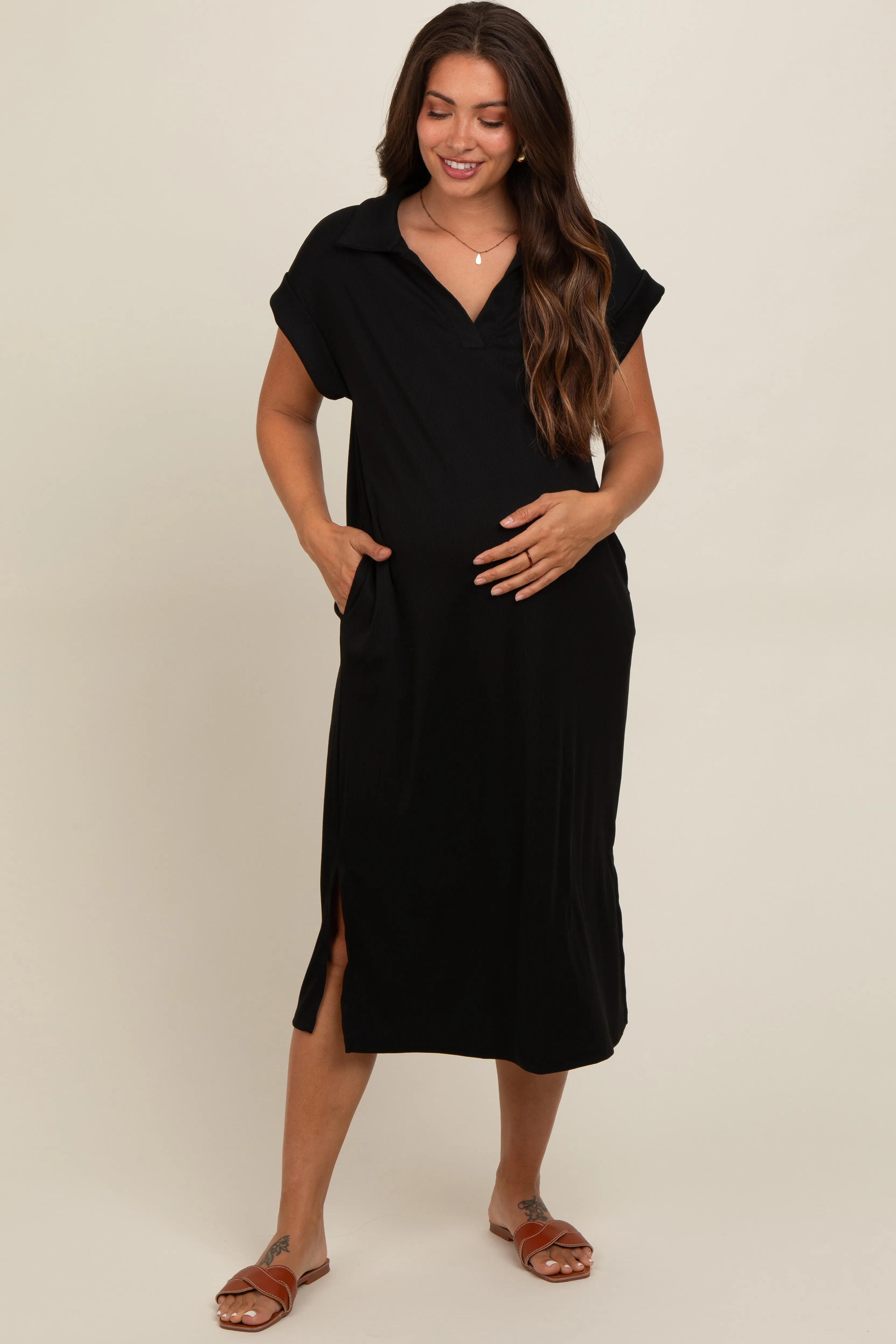 Black Collared Side Slit Maternity Midi Dress sold by Pinkblush