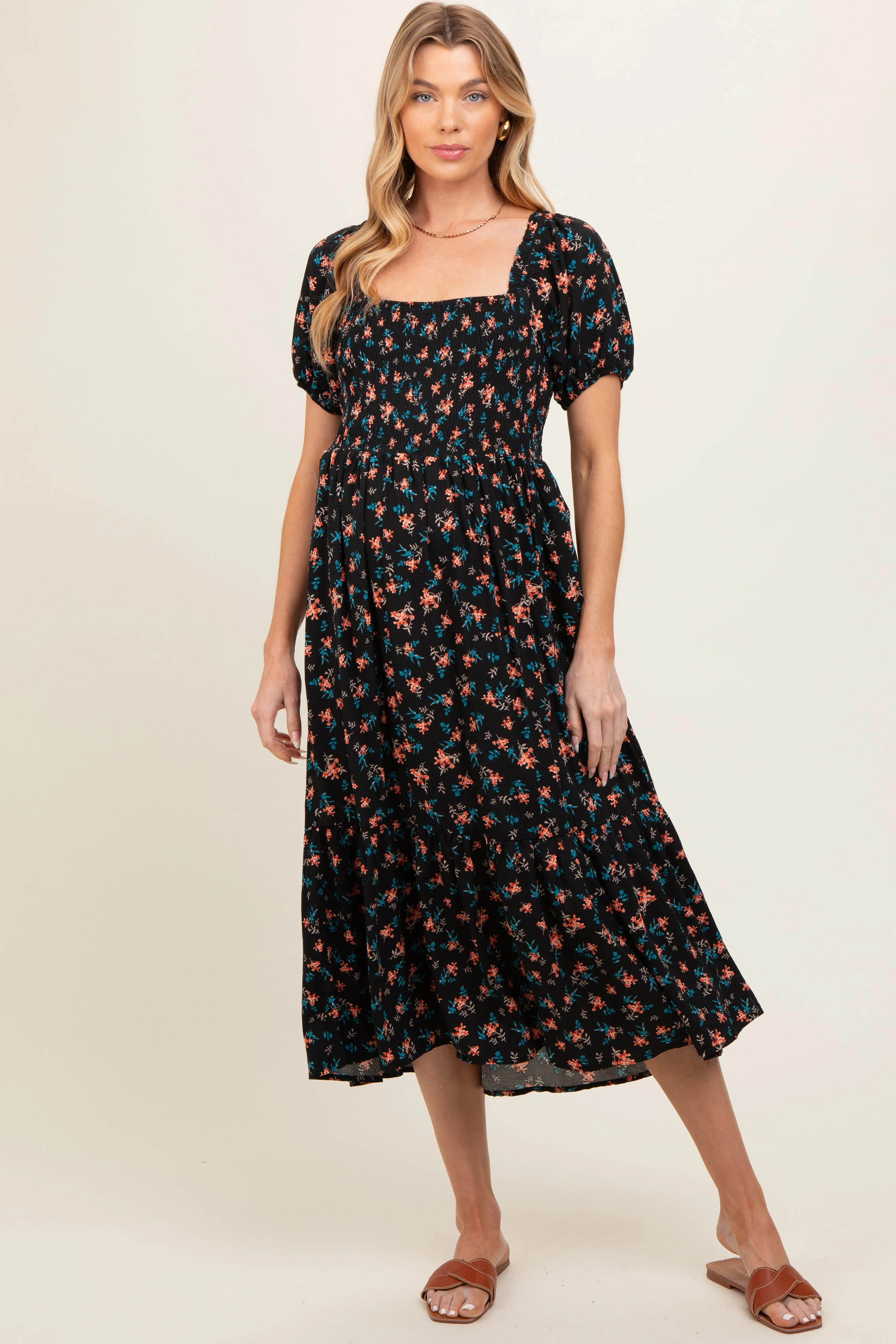 Black Floral Smocked Short Sleeve Maternity Midi Dress sold by Pinkblush product image thumbnail 2