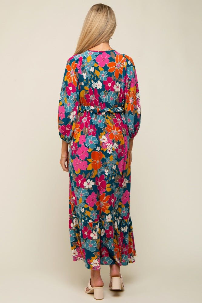 Teal Retro Floral V-Neck Ruffle Knit Maternity Maxi Dress sold by Pinkblush product image thumbnail 3