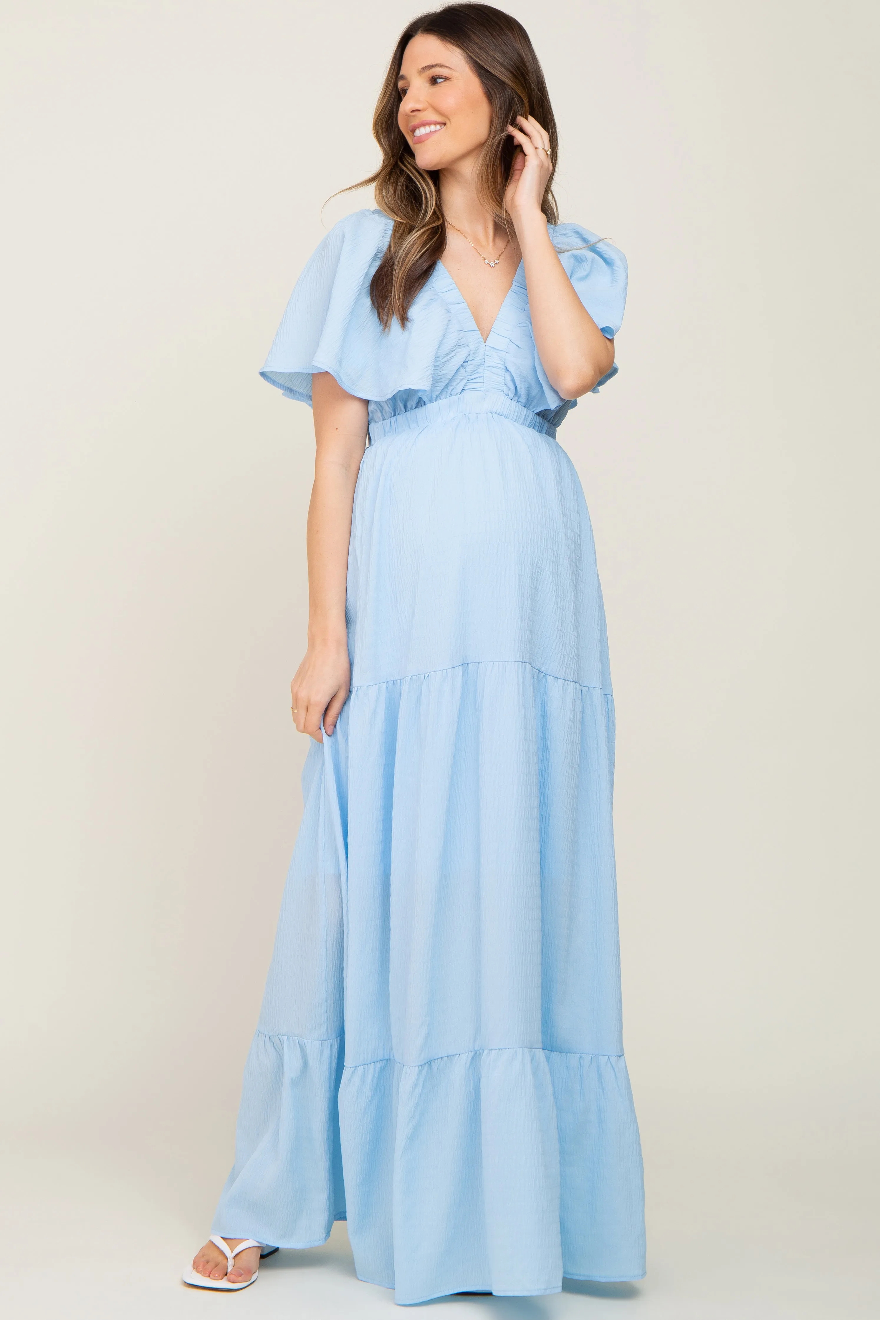 Light Blue Crepe Flounce Sleeve Tiered Maternity Maxi Dress sold by Pinkblush product image thumbnail 4