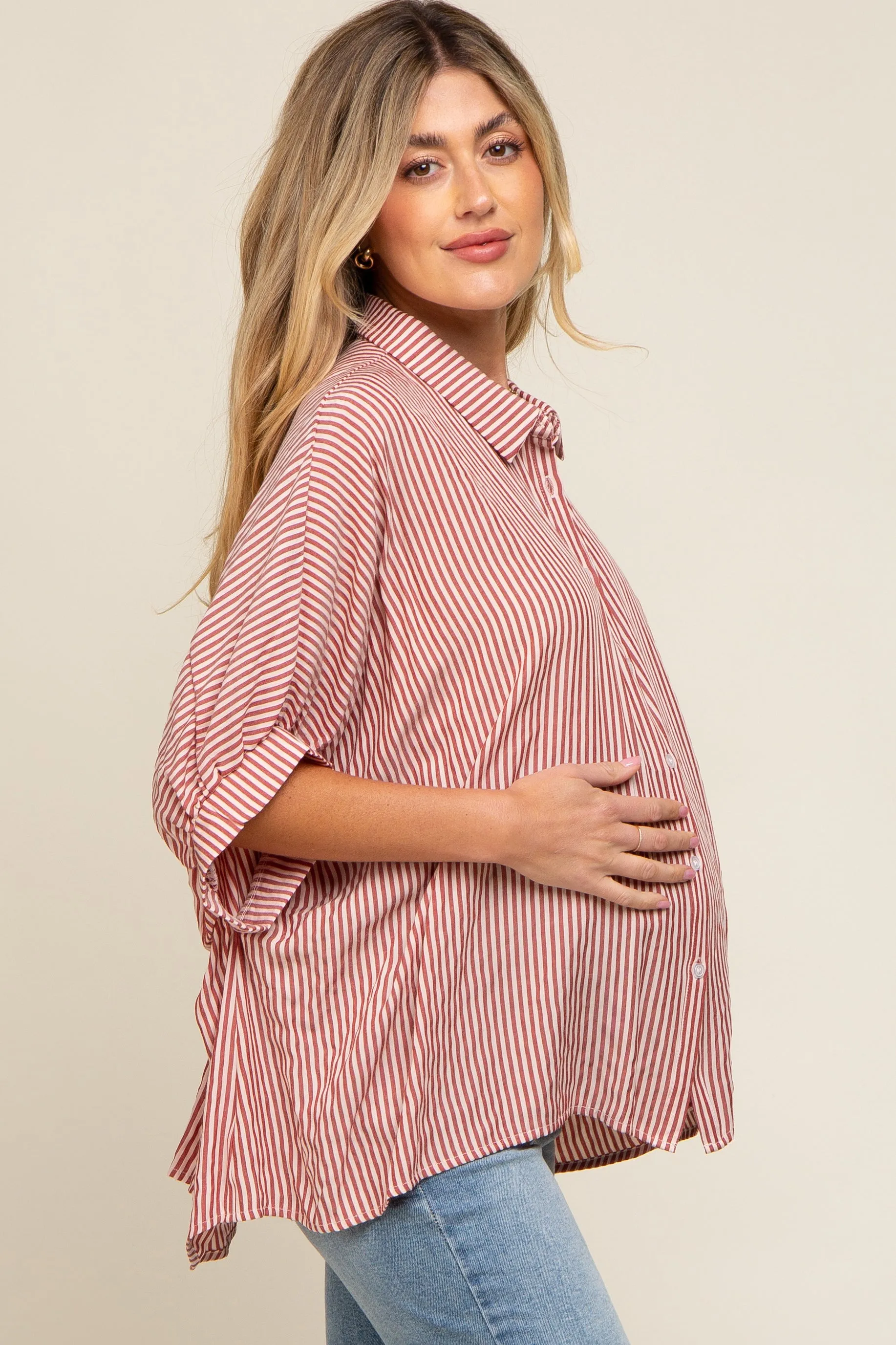 Red Striped Dolman Button Down Maternity Top sold by Pinkblush product image thumbnail 2