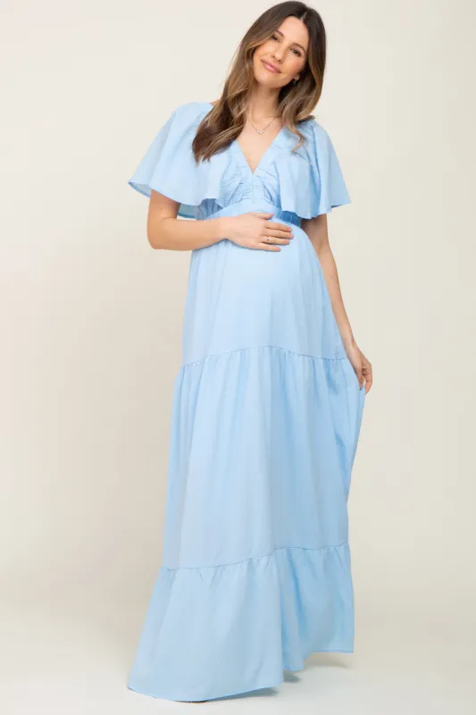 Light Blue Crepe Flounce Sleeve Tiered Maternity Maxi Dress sold by Pinkblush