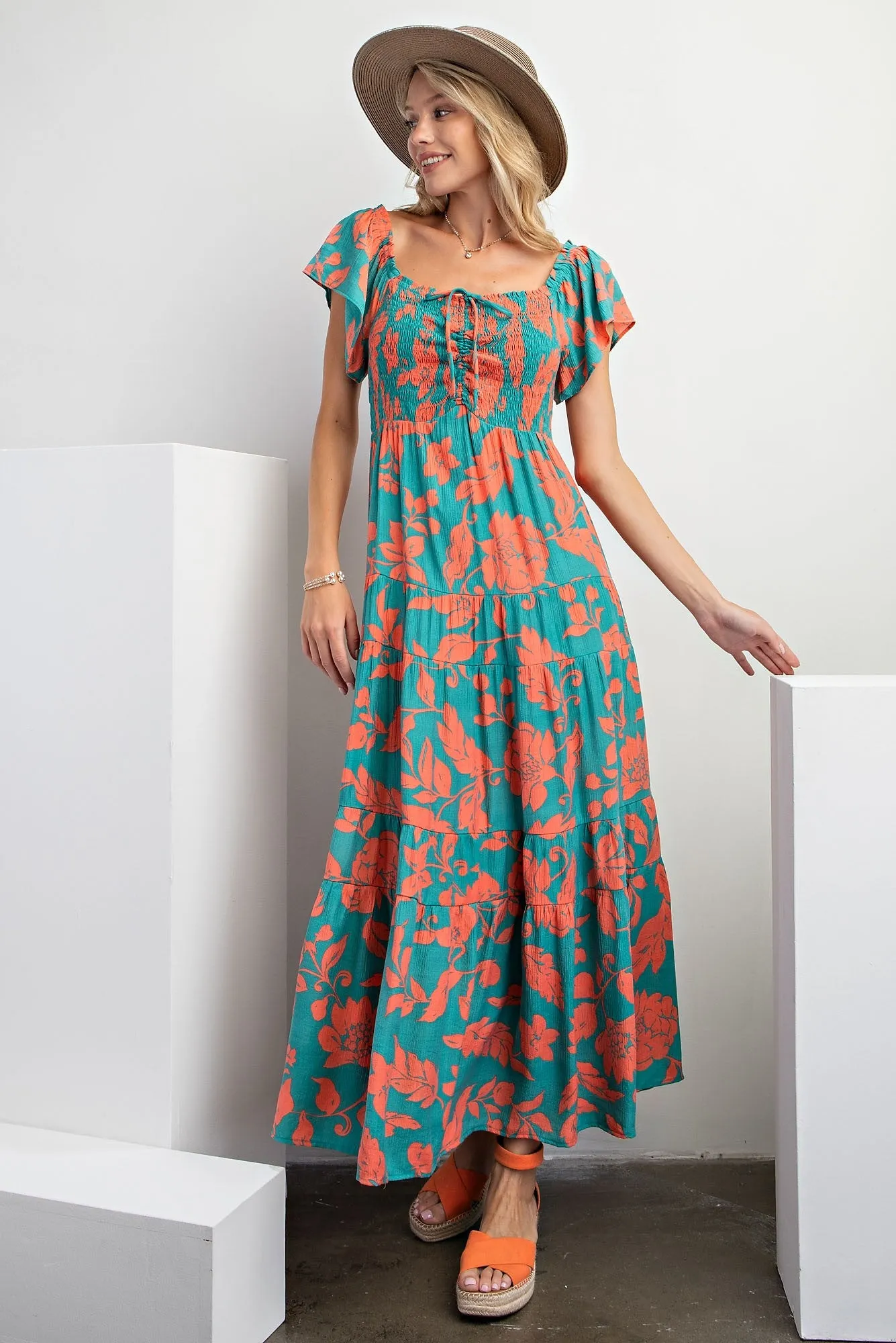 Atlantis Green Short Sleeve Printed Woven Maxi Dress sold by Pinkblush