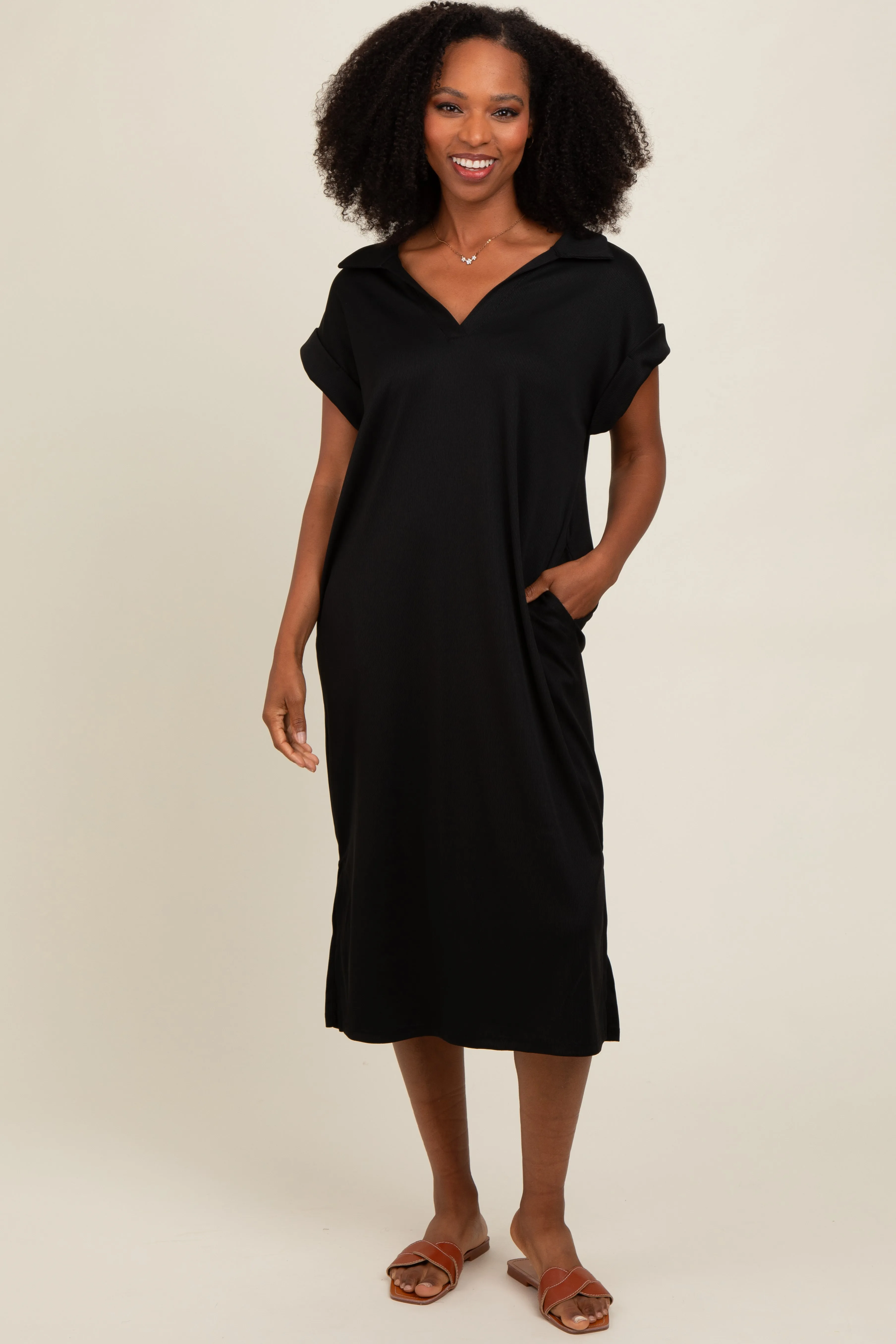 Black Collared Side Slit Maternity Midi Dress sold by Pinkblush product image thumbnail 5