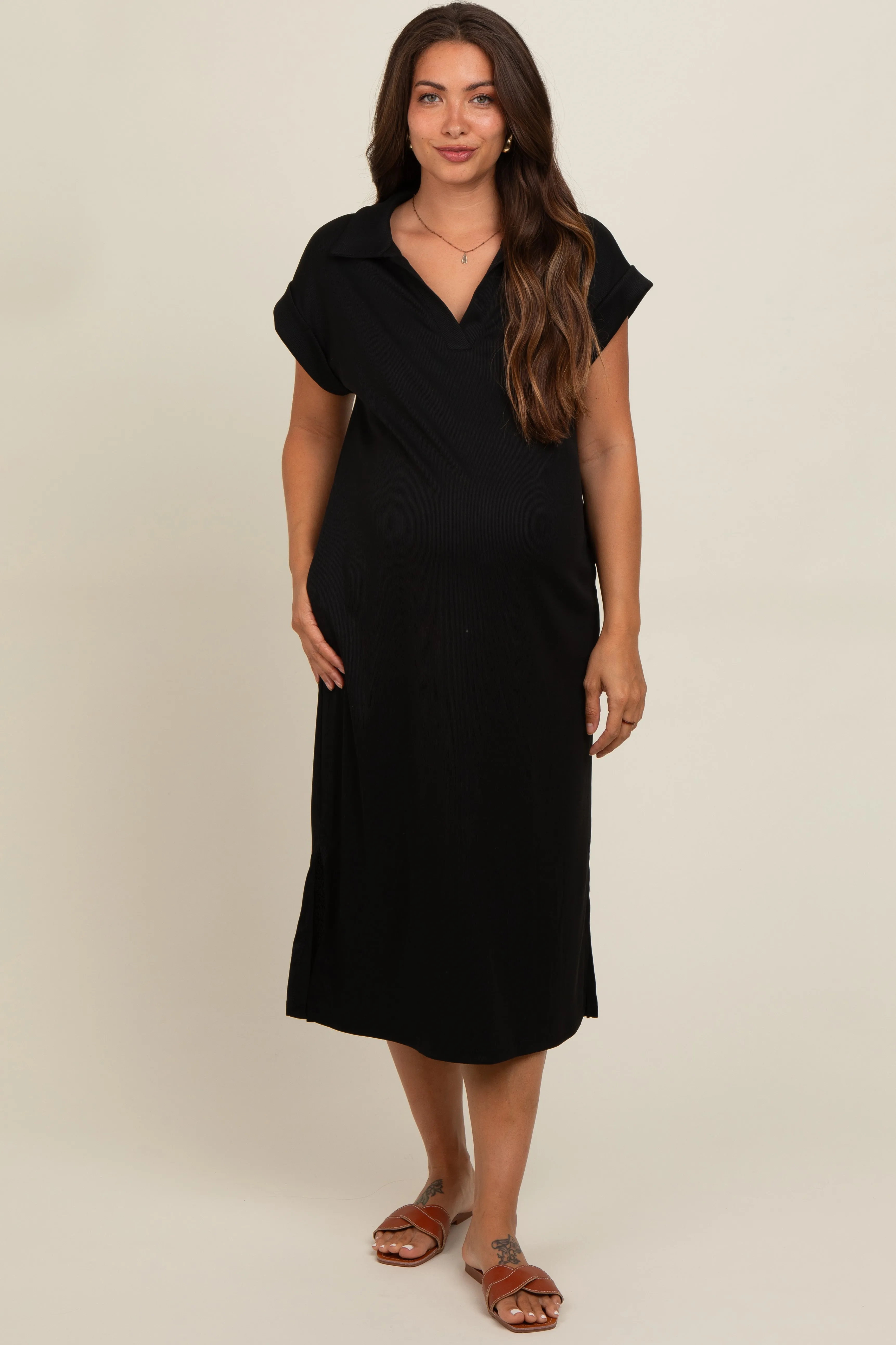 Black Collared Side Slit Maternity Midi Dress sold by Pinkblush product image thumbnail 2