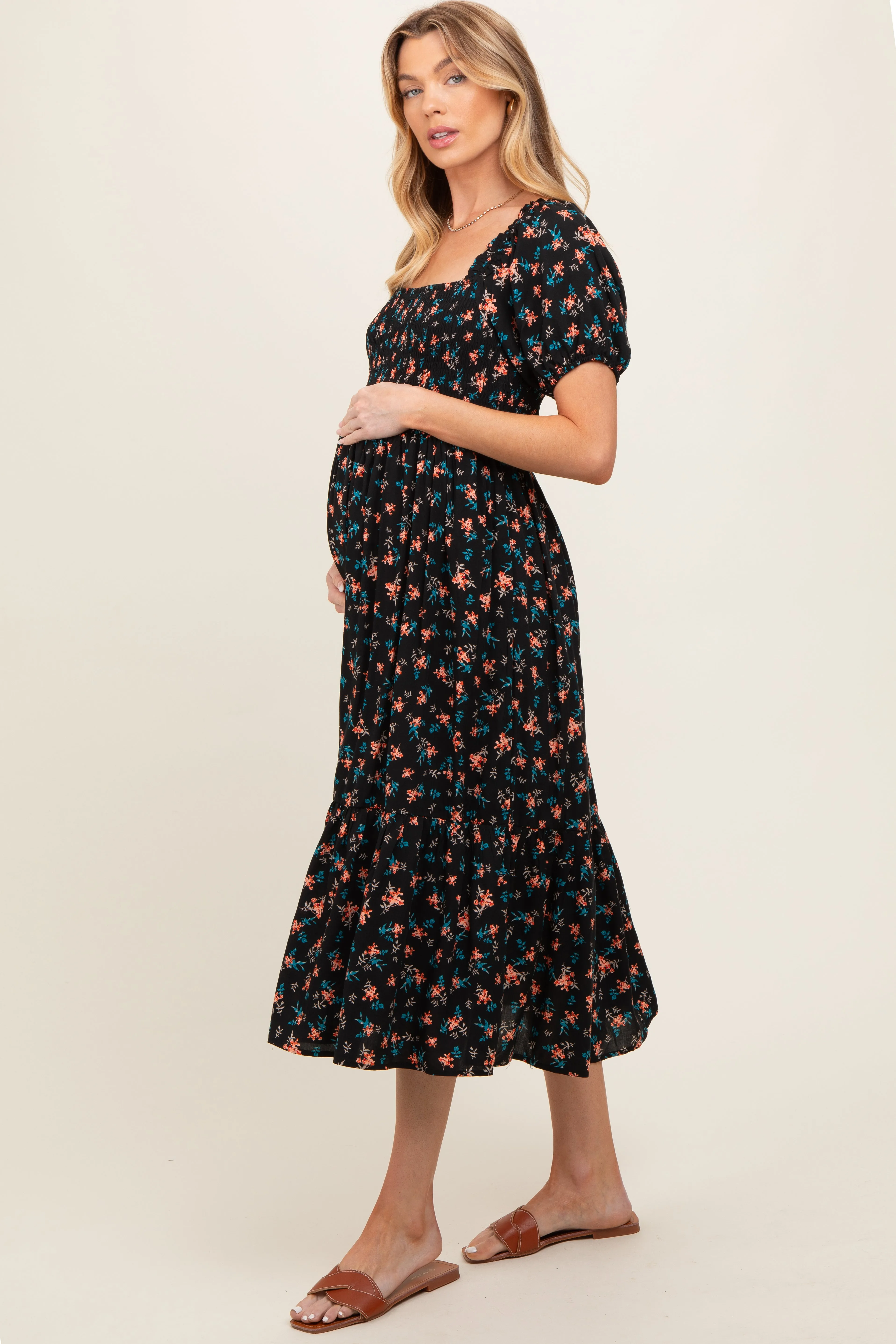 Black Floral Smocked Short Sleeve Maternity Midi Dress sold by Pinkblush product image thumbnail 3