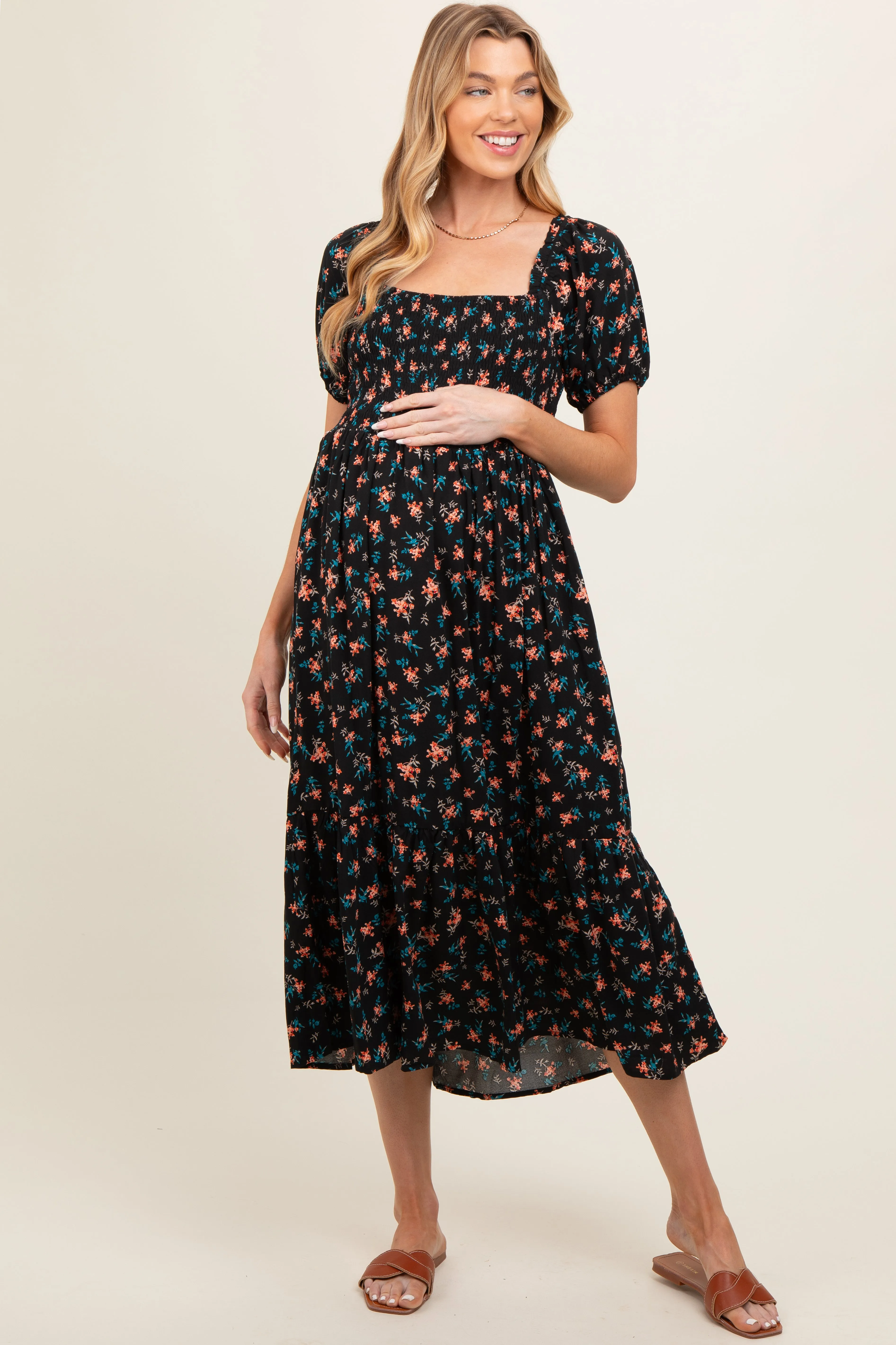 Black Floral Smocked Short Sleeve Maternity Midi Dress sold by Pinkblush