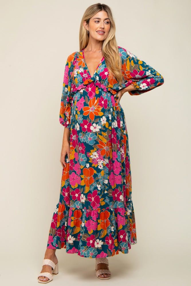 Teal Retro Floral V-Neck Ruffle Knit Maternity Maxi Dress sold by Pinkblush product image thumbnail 4