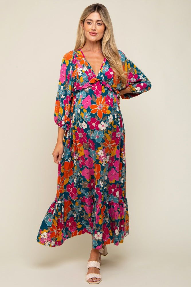 Teal Retro Floral V-Neck Ruffle Knit Maternity Maxi Dress sold by Pinkblush