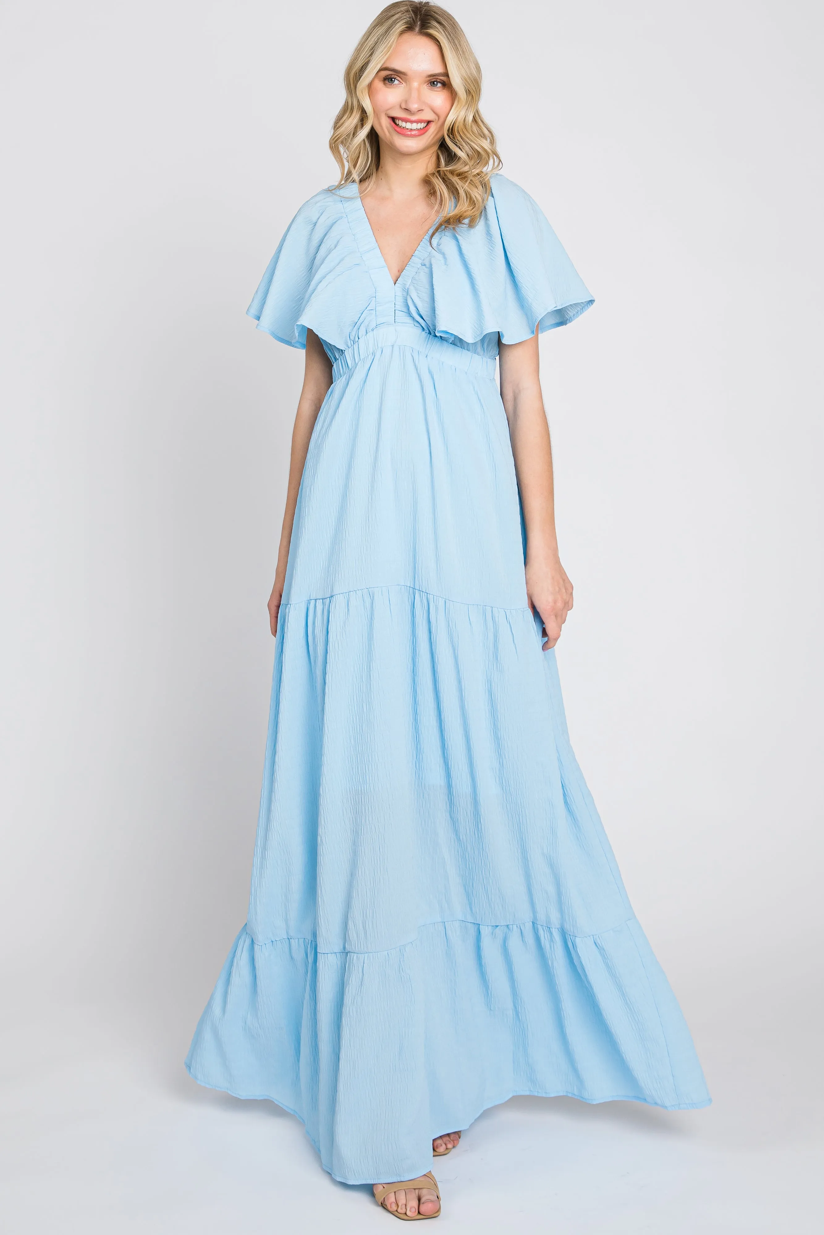 Light Blue Crepe Flounce Sleeve Tiered Maternity Maxi Dress sold by Pinkblush product image thumbnail 5