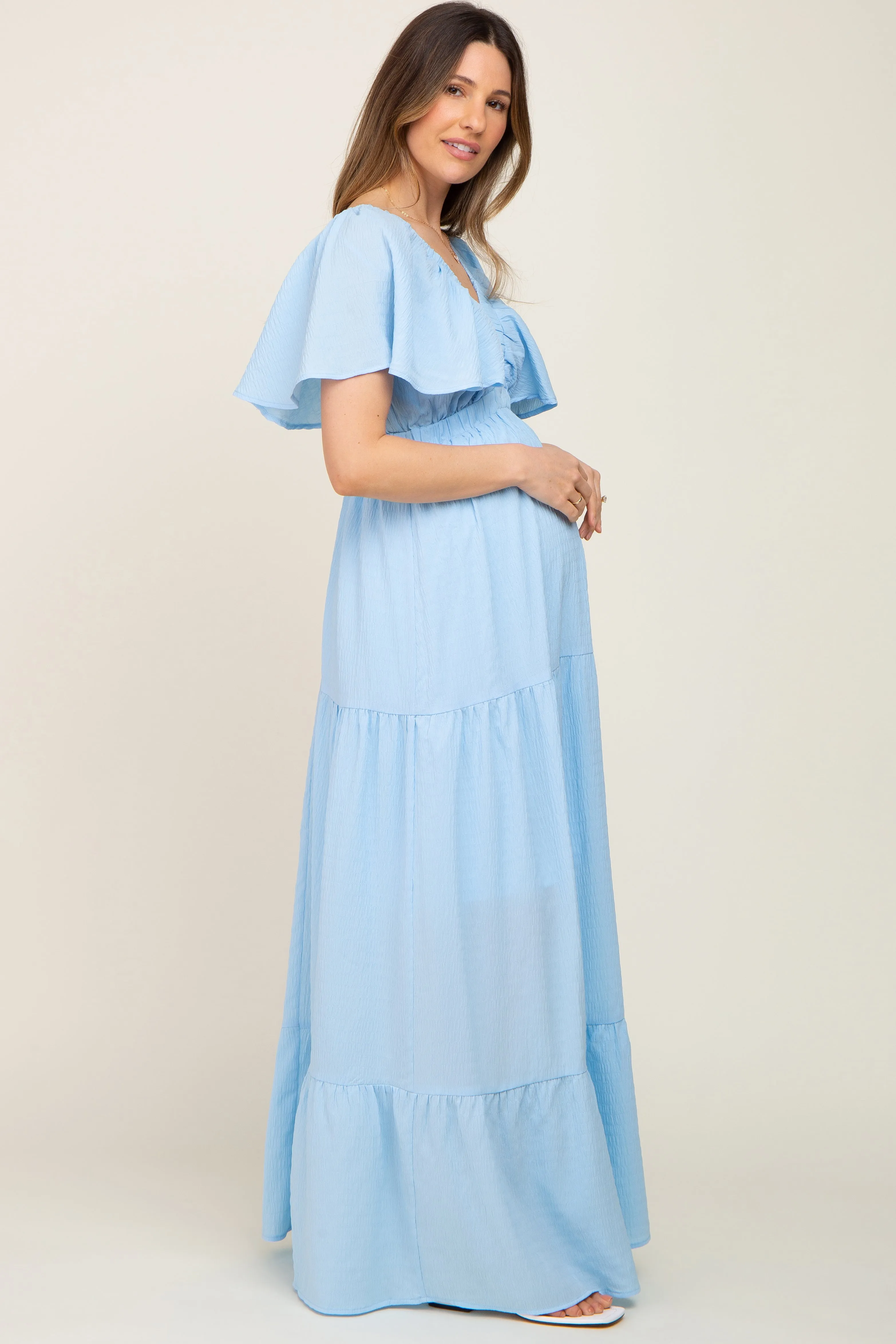 Light Blue Crepe Flounce Sleeve Tiered Maternity Maxi Dress sold by Pinkblush product image thumbnail 2