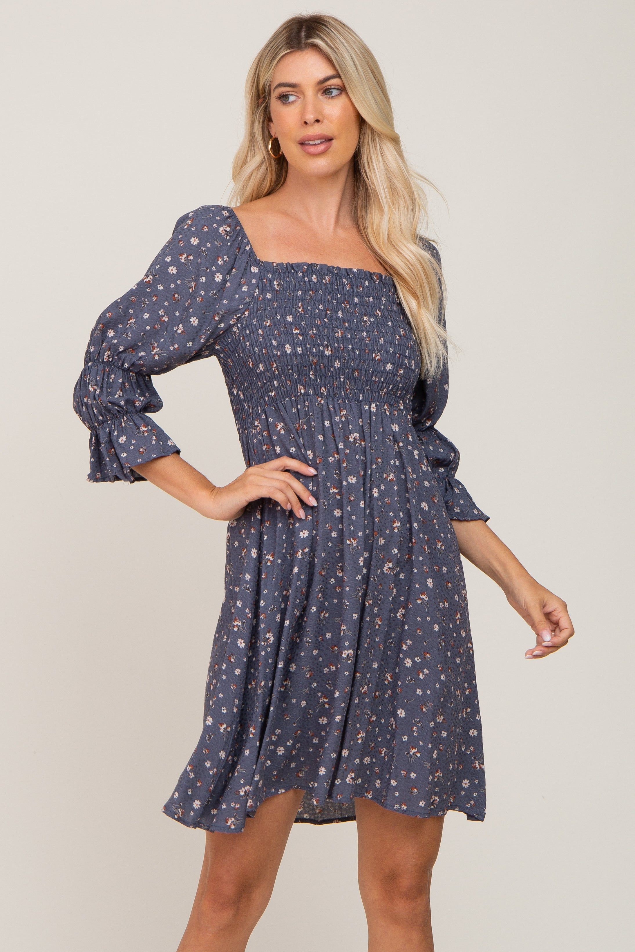 Navy Floral Ruffle Sleeve Smocked Maternity Dress sold by Pinkblush product image thumbnail 6