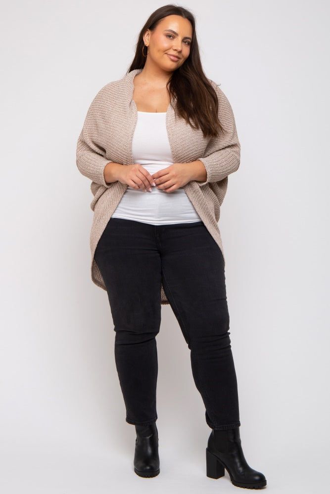Beige Open Knit Dolman Sleeve Plus Cardigan sold by Pinkblush
