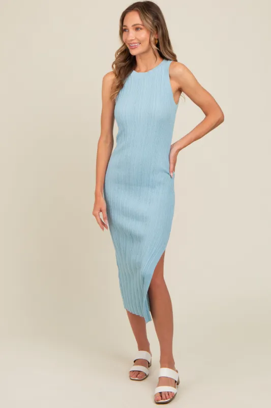 Light Blue Ribbed Side Slit Sleeveless Midi Dress sold by Pinkblush