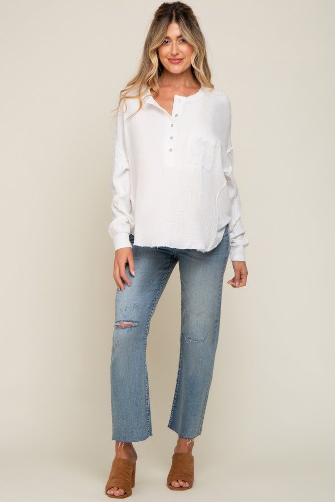 White Front Button Drop Shoulder Long Sleeve Maternity Top sold by Pinkblush