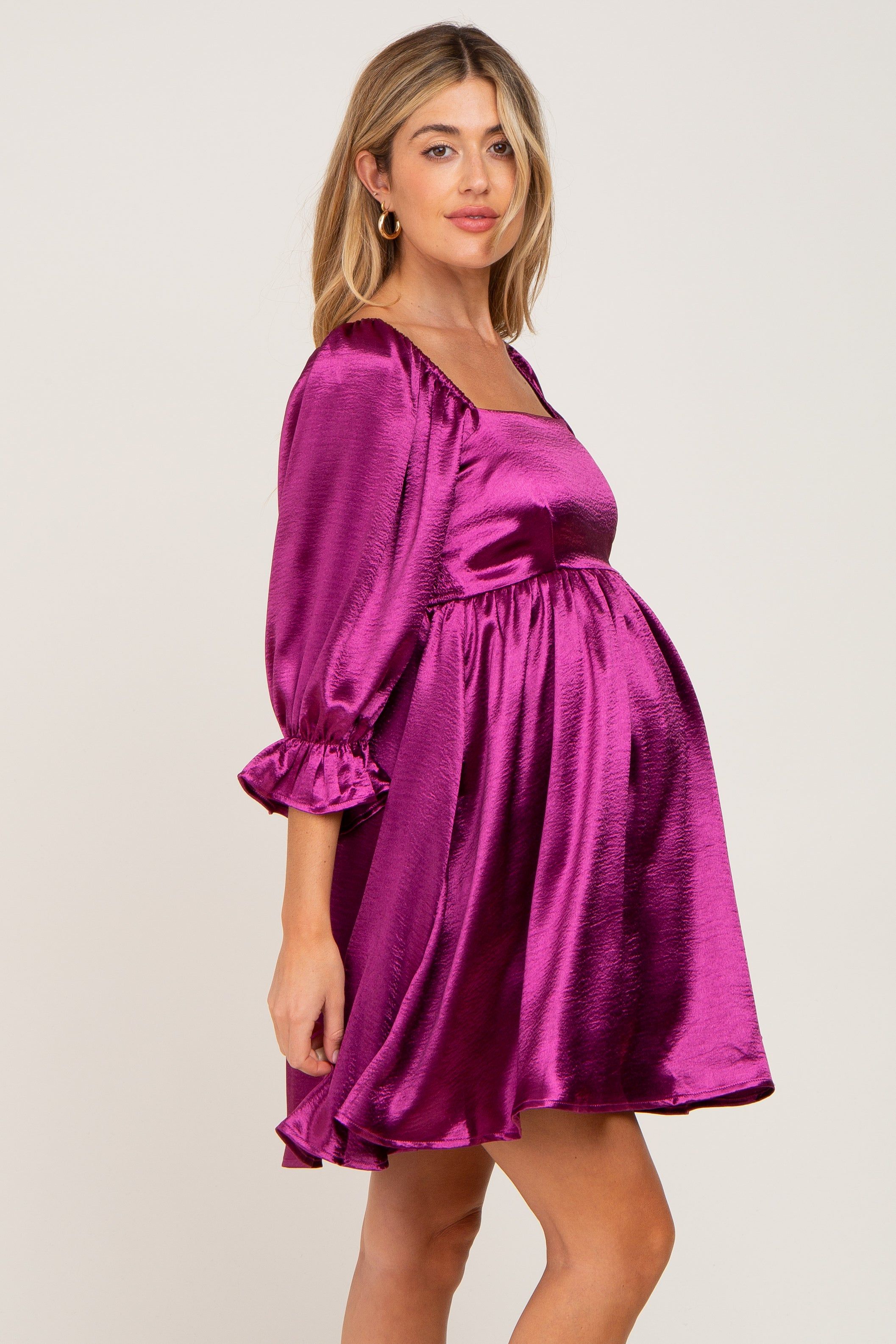 Magenta Satin Square Neck Babydoll Maternity Mini Dress sold by Pinkblush product image thumbnail 2