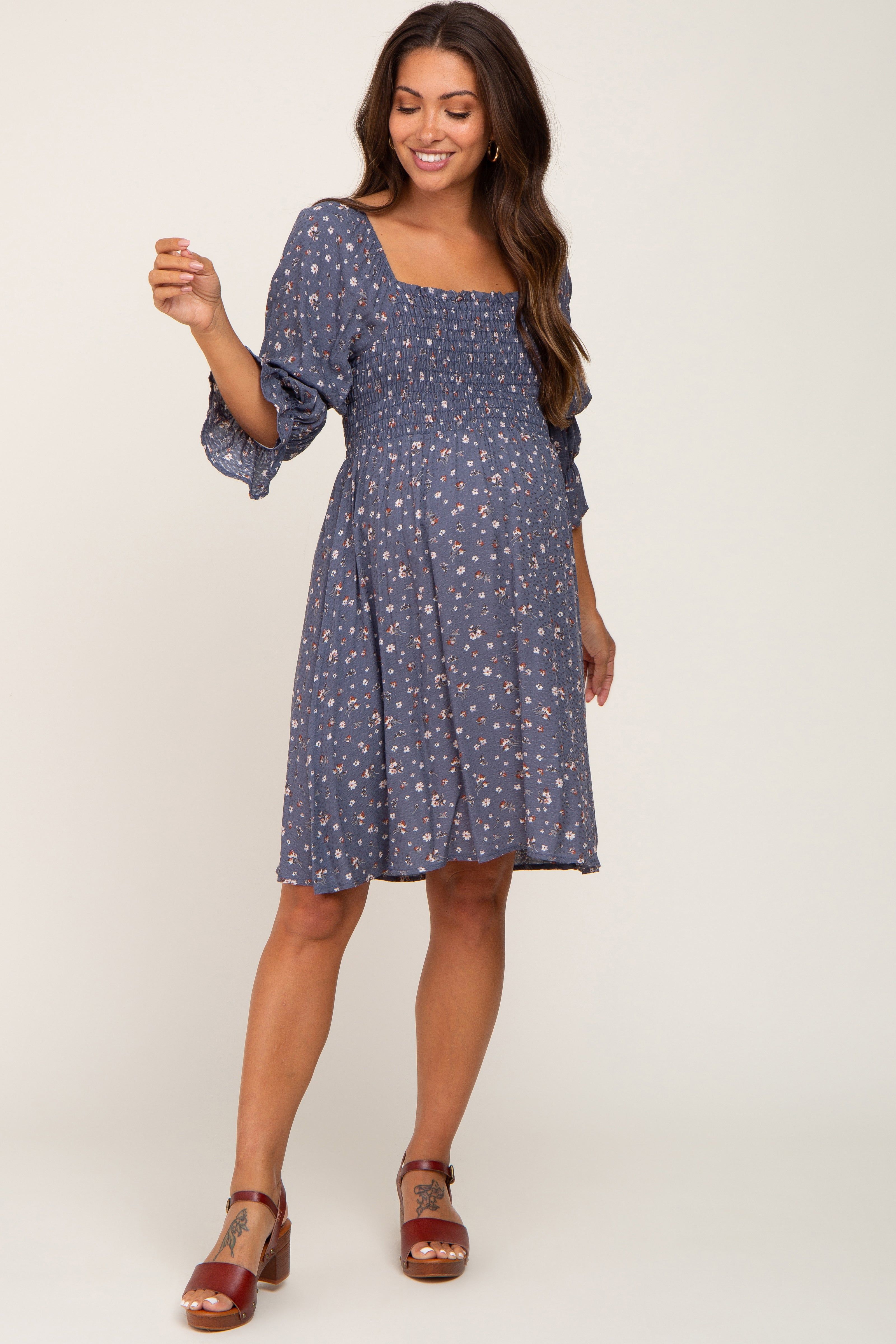 Navy Floral Ruffle Sleeve Smocked Maternity Dress sold by Pinkblush product image thumbnail 5