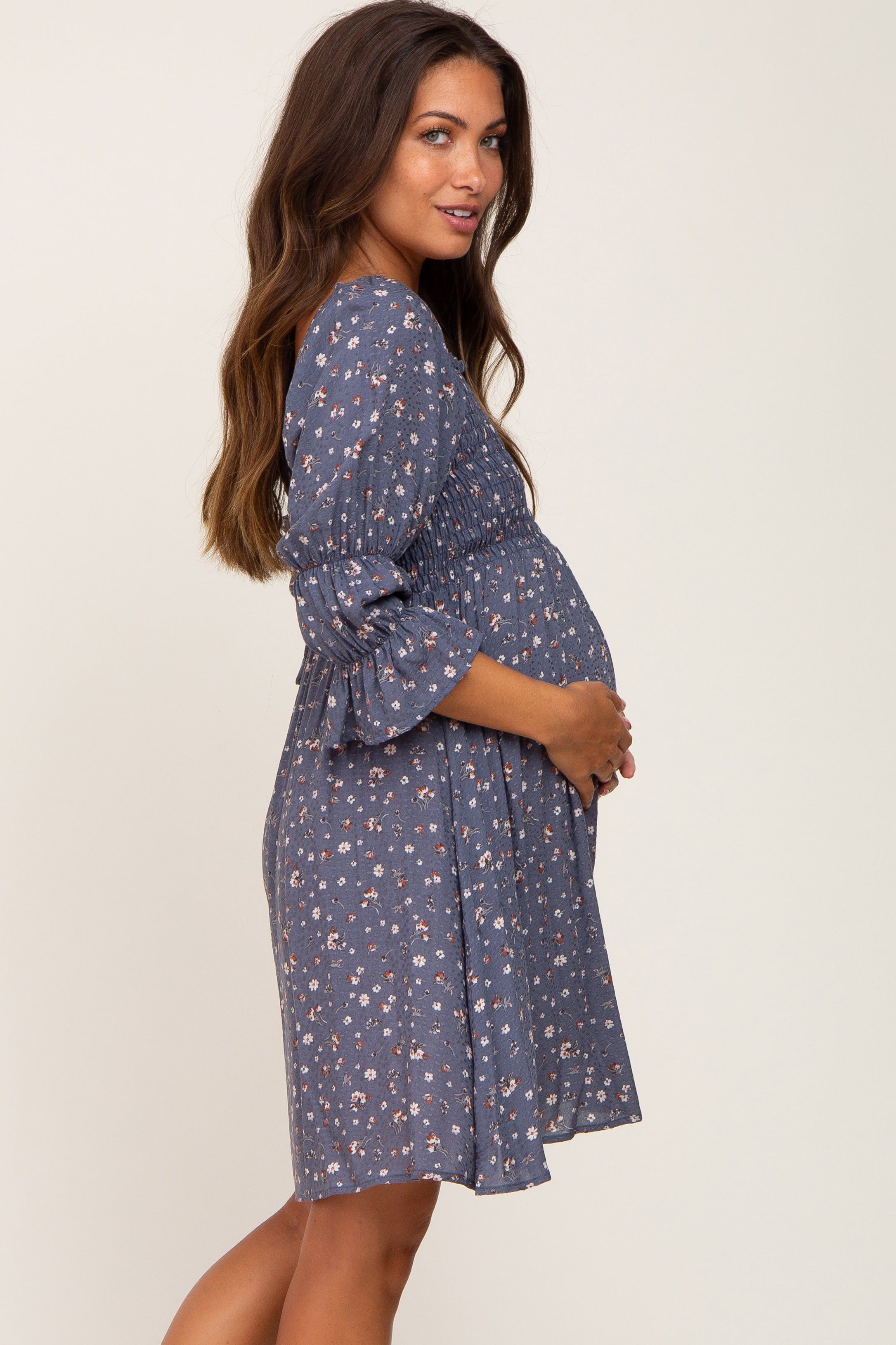 Navy Floral Ruffle Sleeve Smocked Maternity Dress sold by Pinkblush product image thumbnail 2
