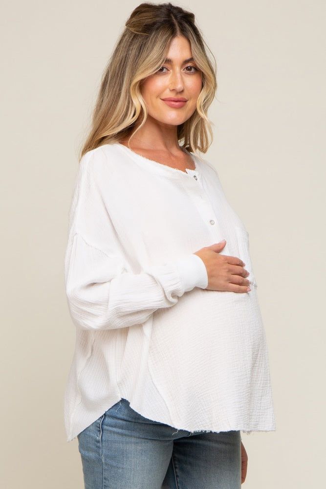 White Front Button Drop Shoulder Long Sleeve Maternity Top sold by Pinkblush product image thumbnail 3